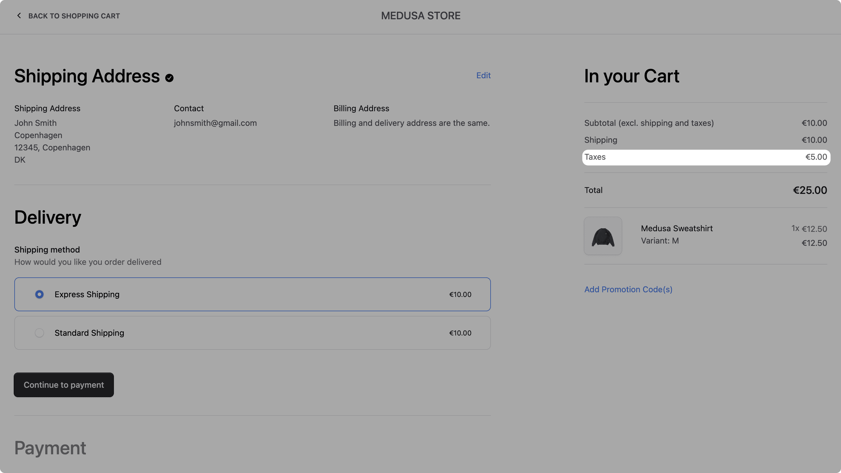 Taxes updated based on the selected shipping method during checkout in the Next.js Starter Storefront