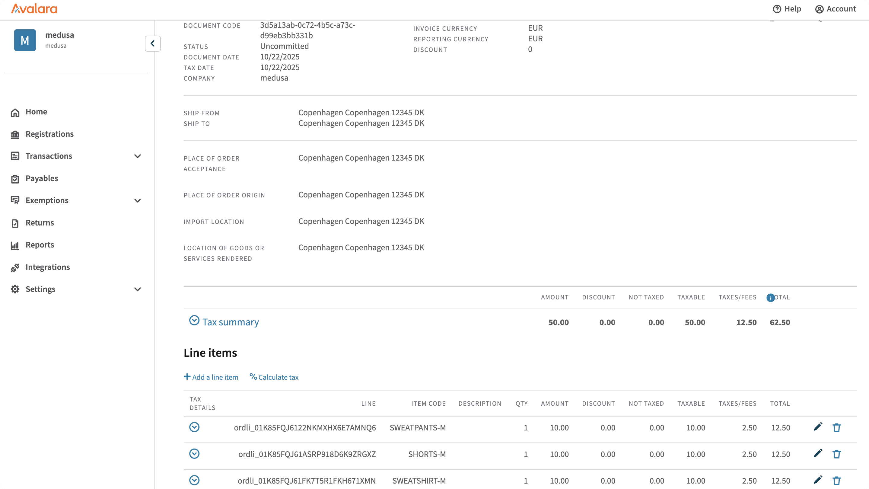 The transaction's details in the Avalara dashboard showing the calculated taxes for the order