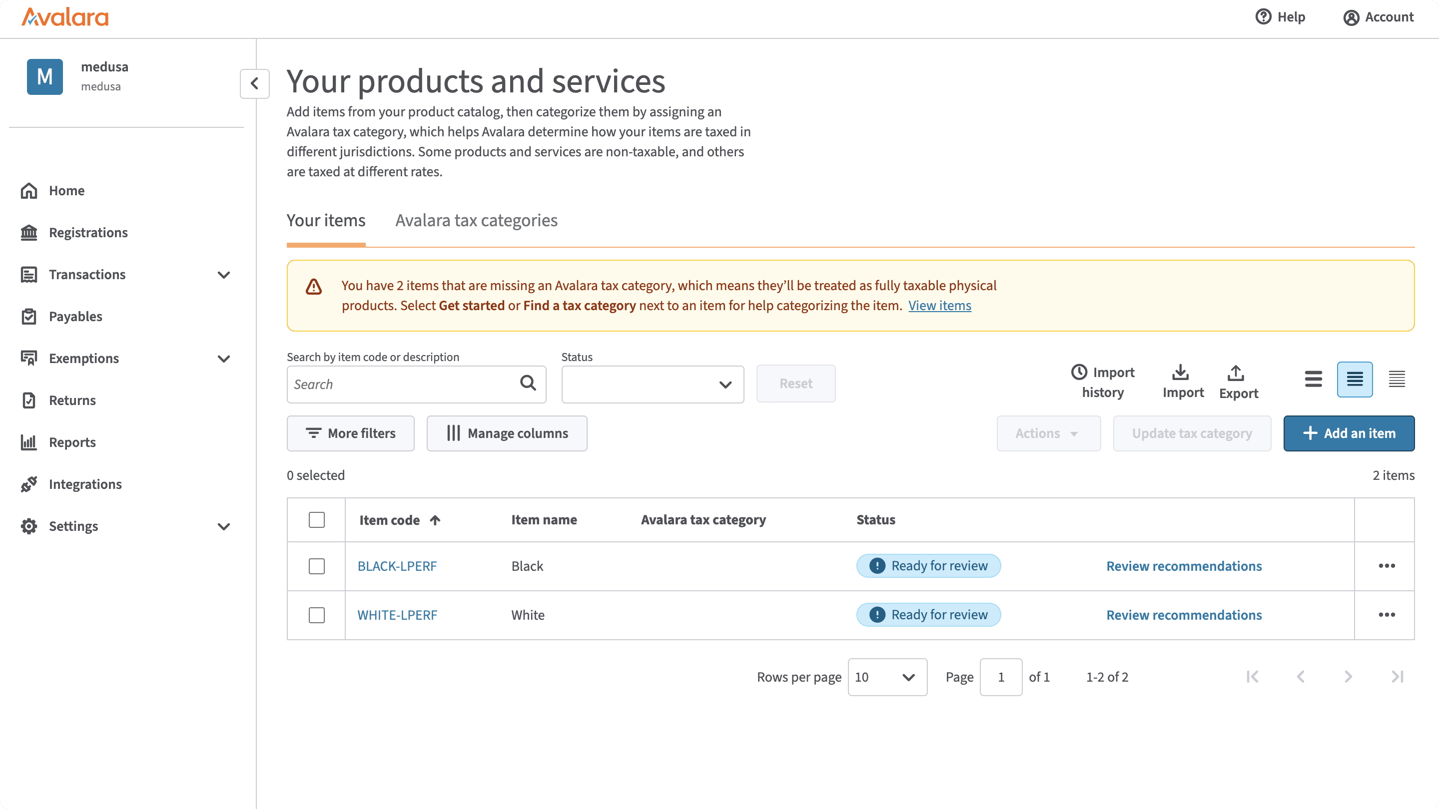 The list of items in the Avalara dashboard showing the item created for the product