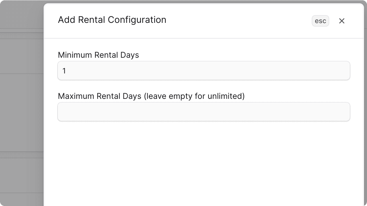 Rental configuration form with minimum and maximum rental days fields