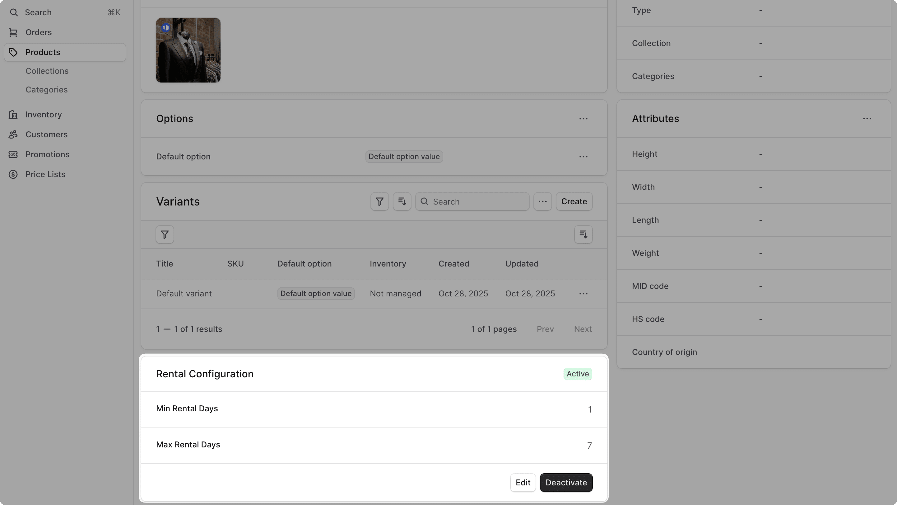 Rental configuration details in the widget
