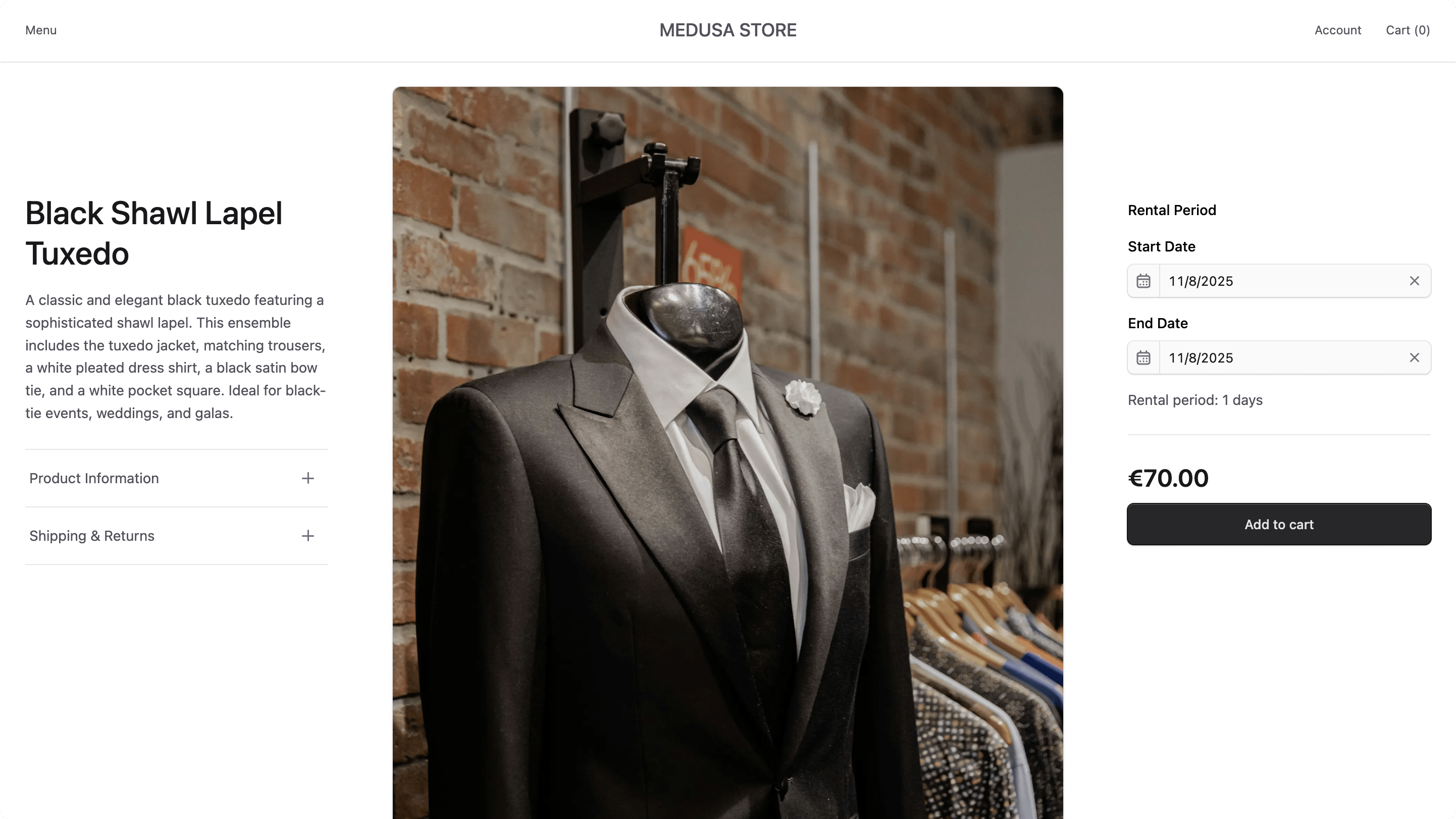 Rental options on product details page in the storefront