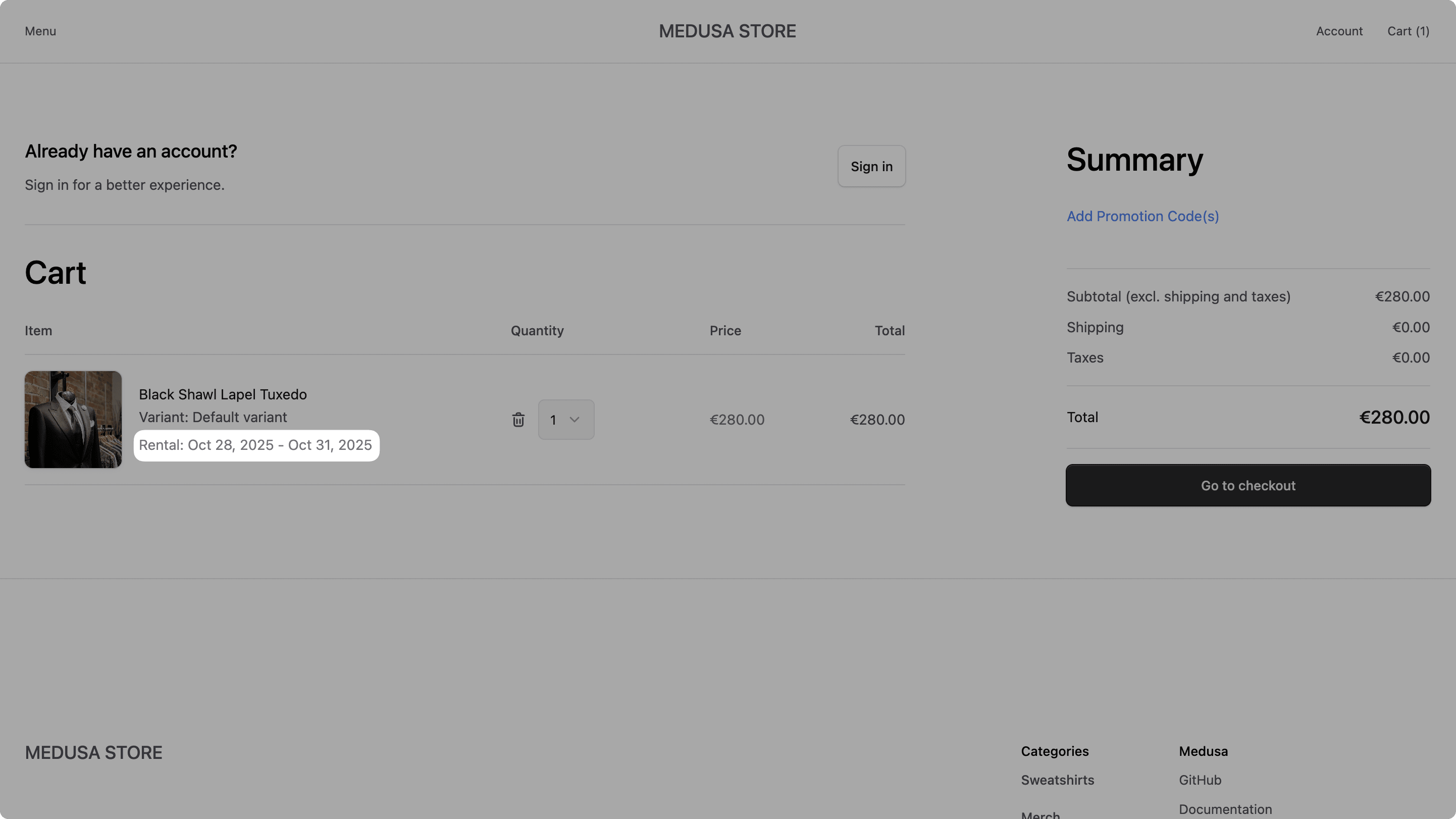 Rental product added to cart in the storefront