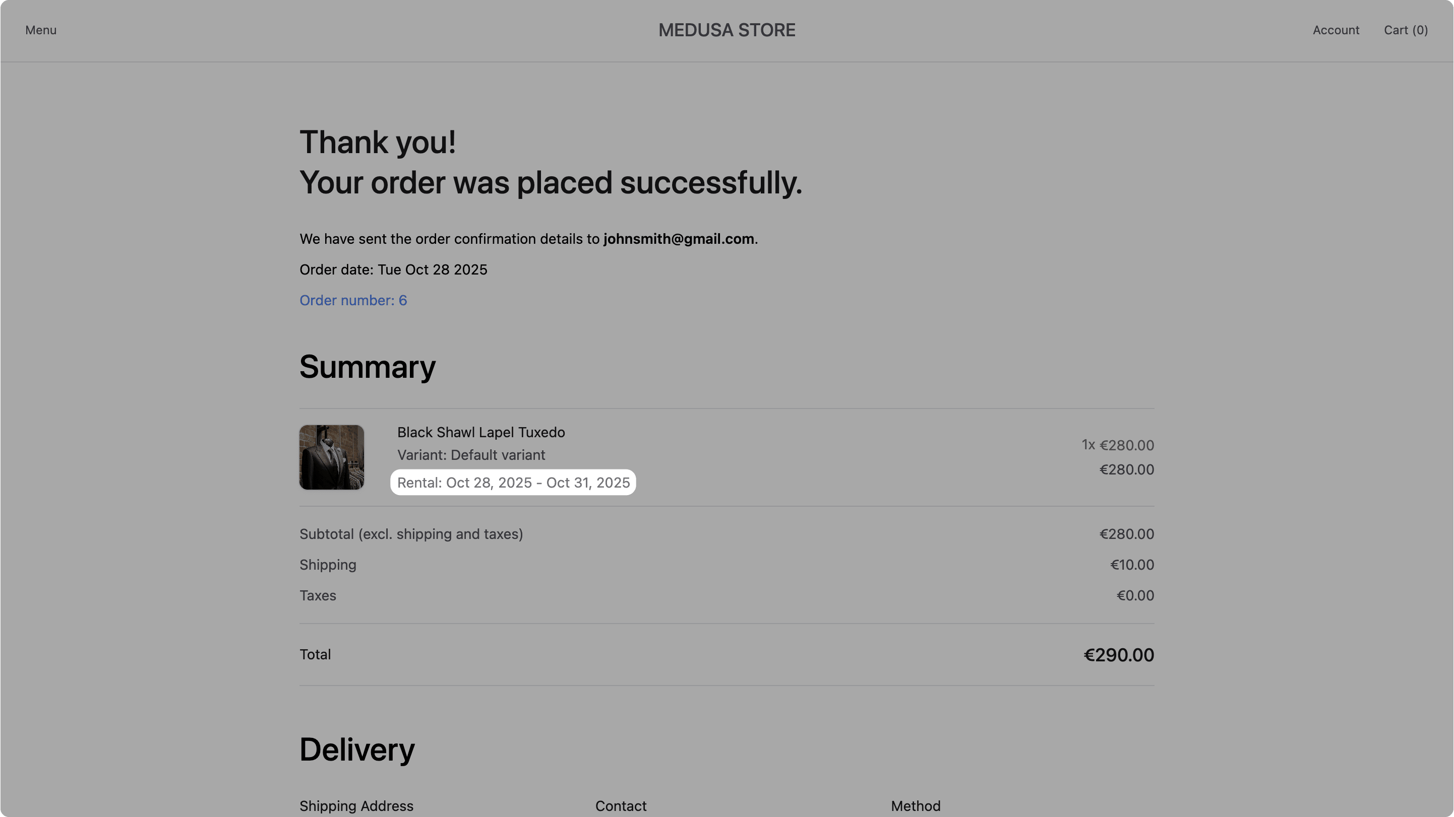 Rental order confirmation in the storefront