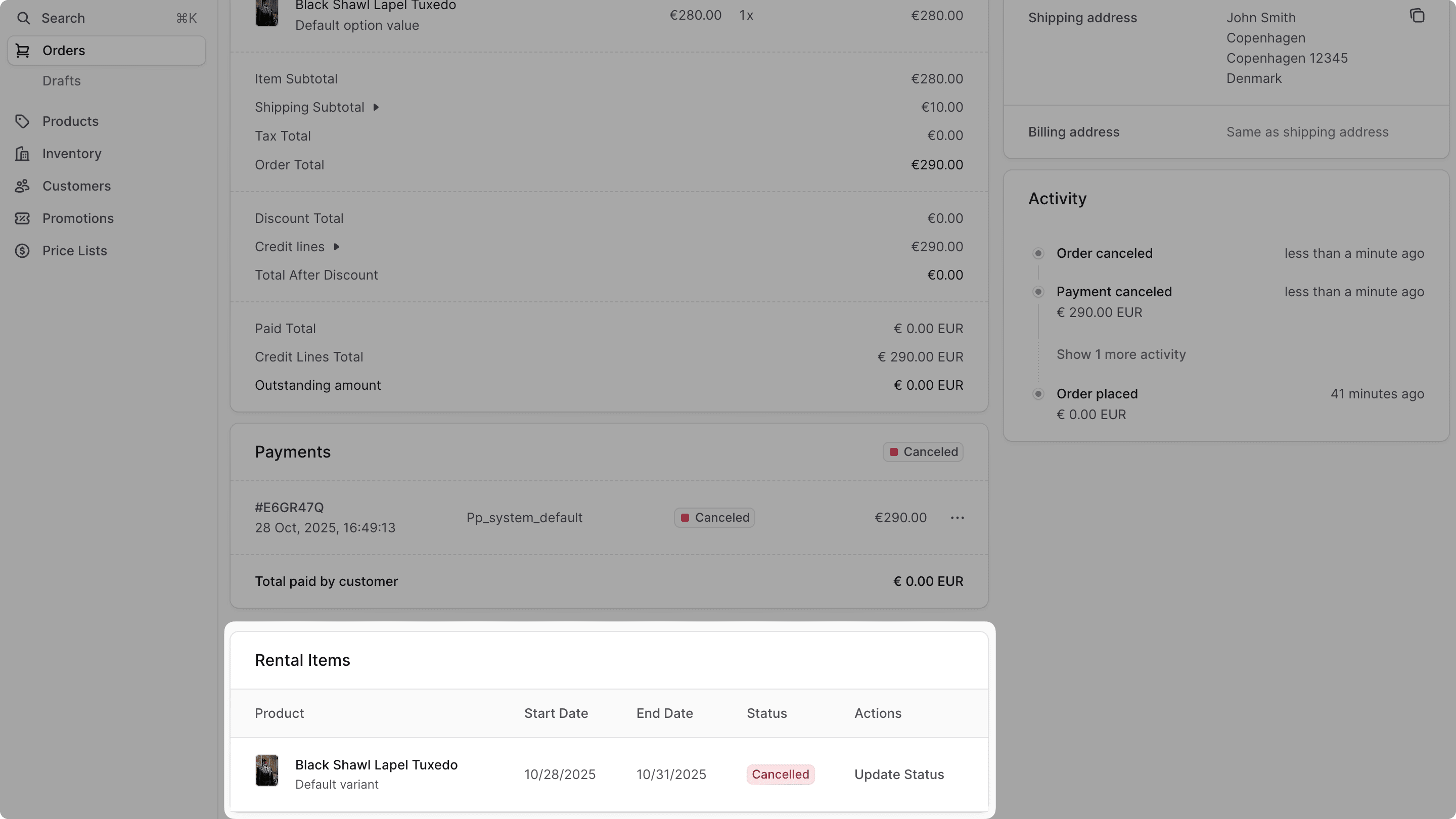 Cancelled rentals in admin