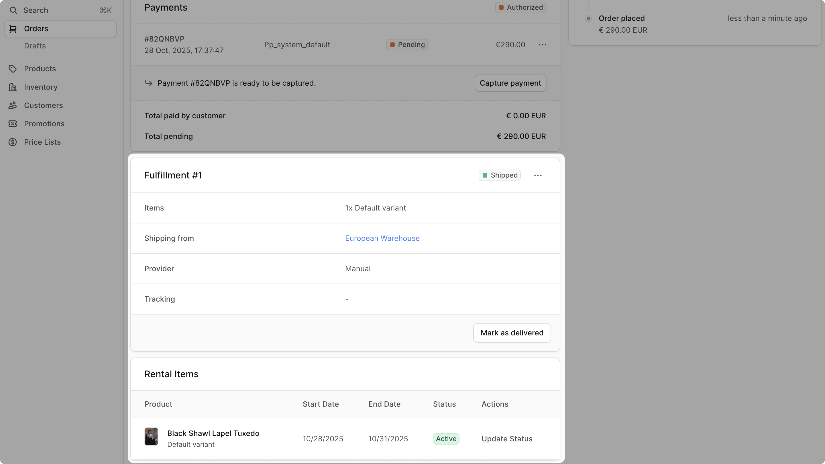 Activated rentals after shipment creation in admin