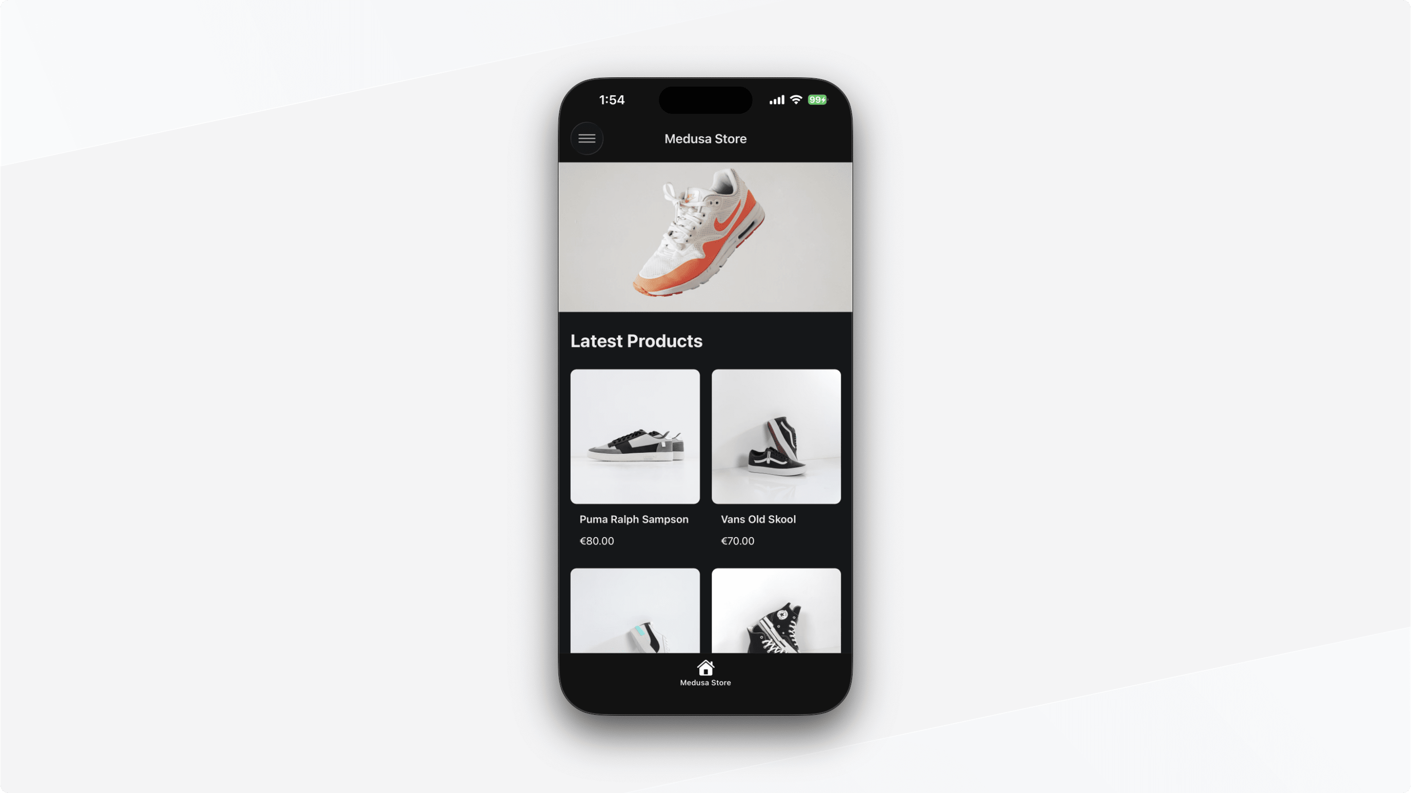 Home screen showing the hero image and list of products