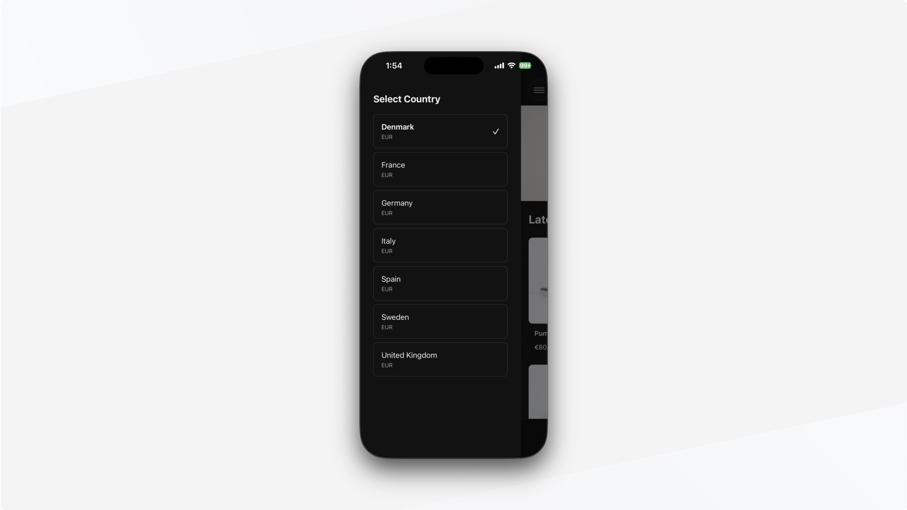 Drawer navigator showing the region selector