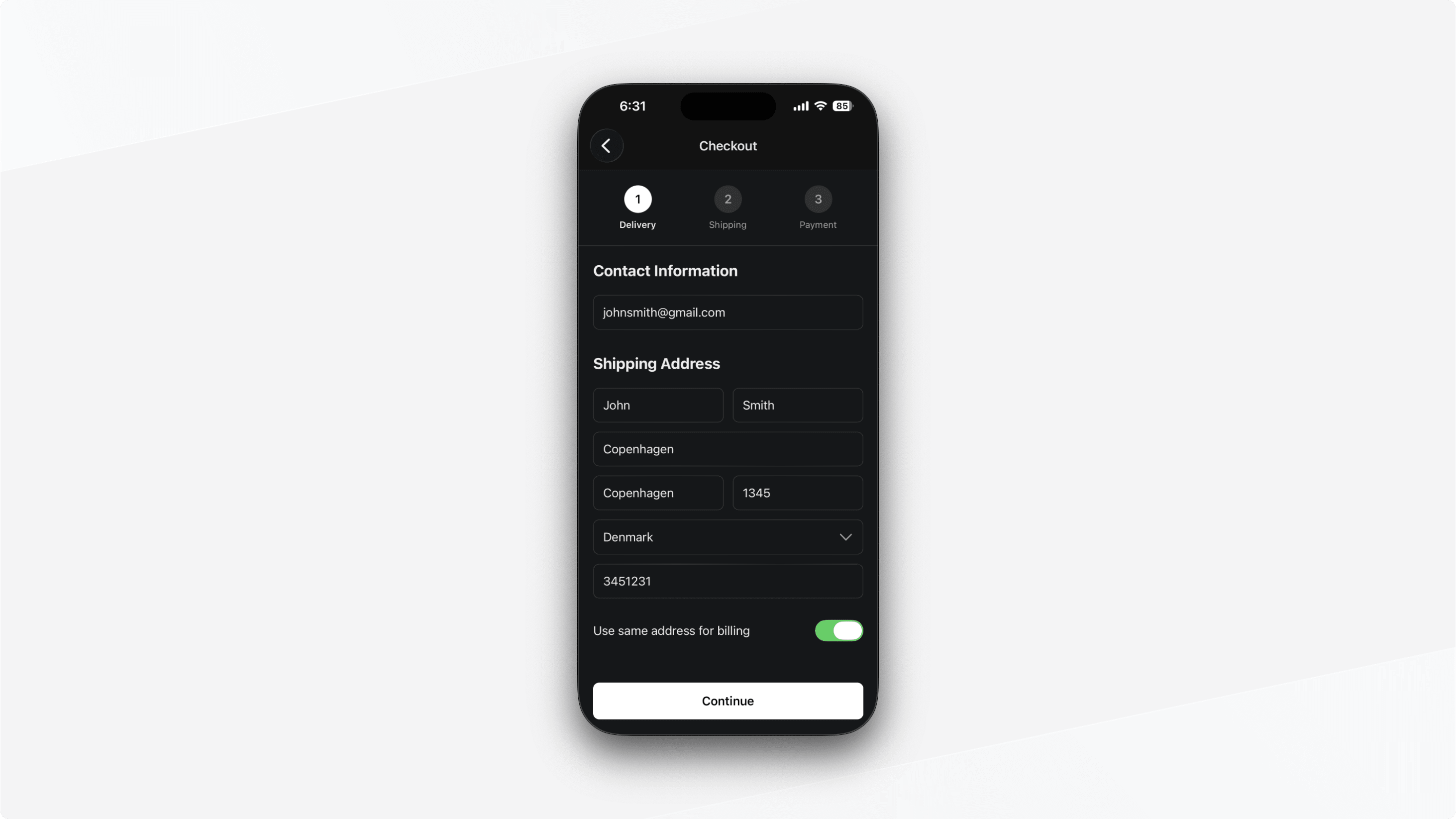 Delivery step with address filled