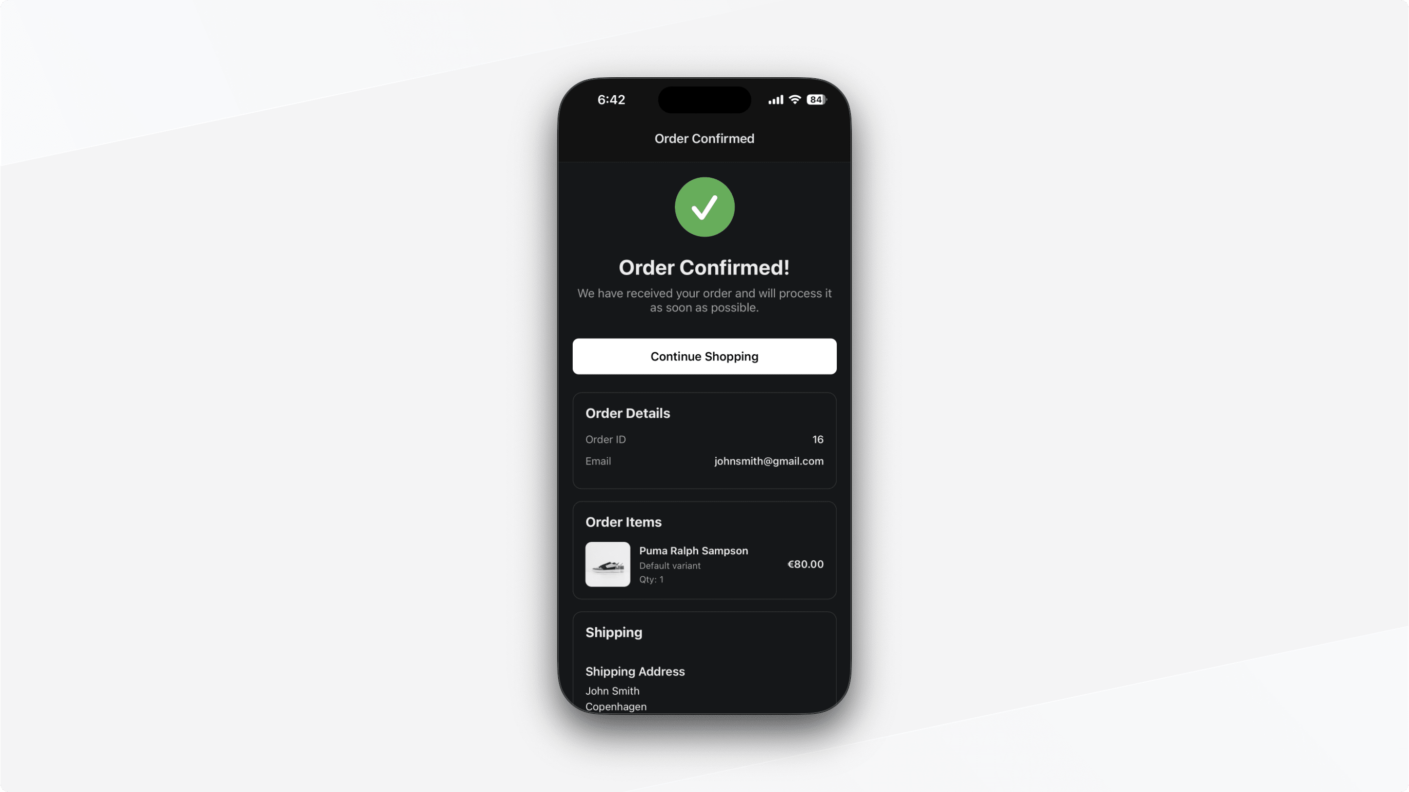 Order confirmation screen