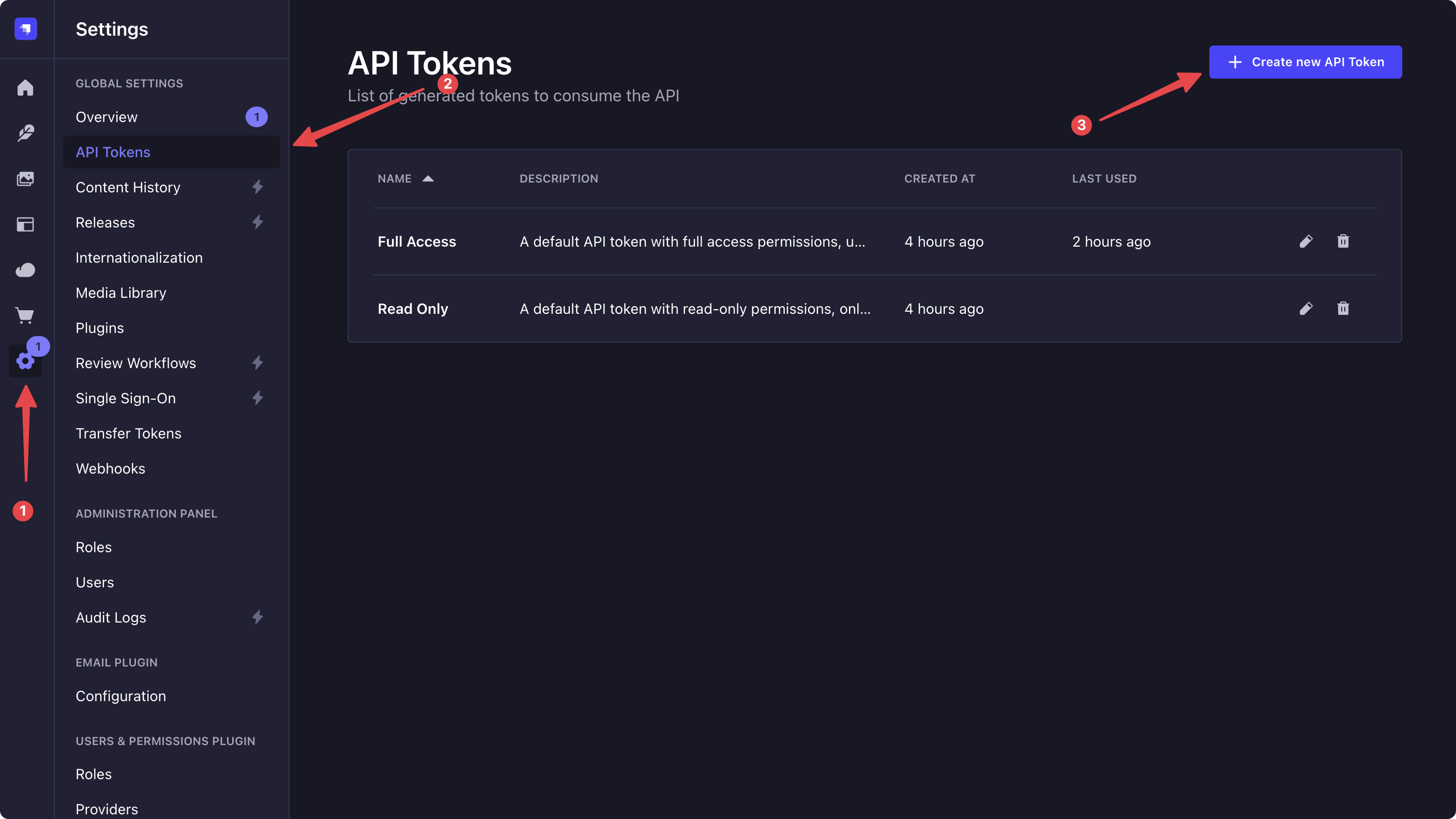 Strapi dashboard with the API Token settings opened