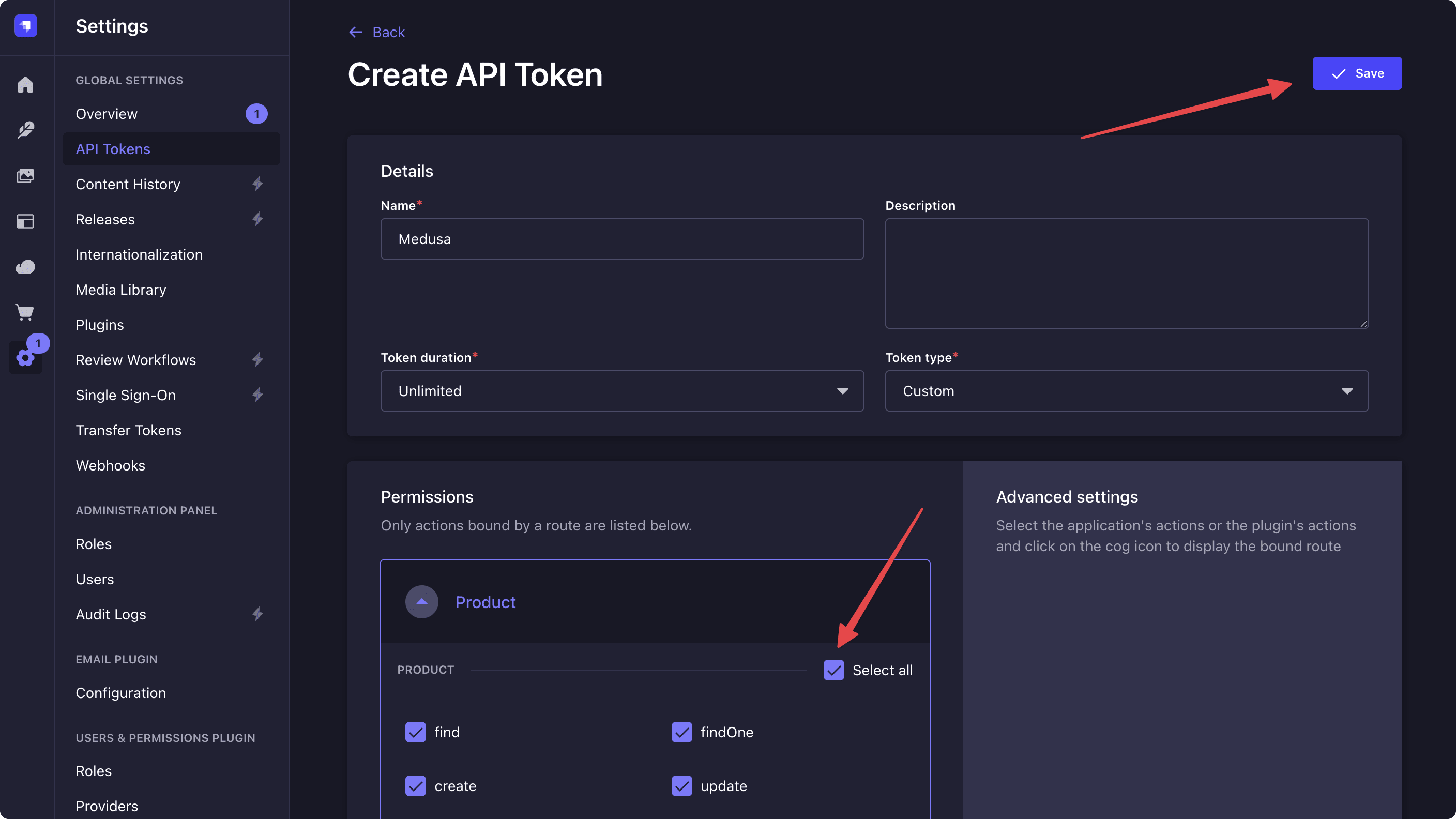 Strapi dashboard with the Create API Token form filled