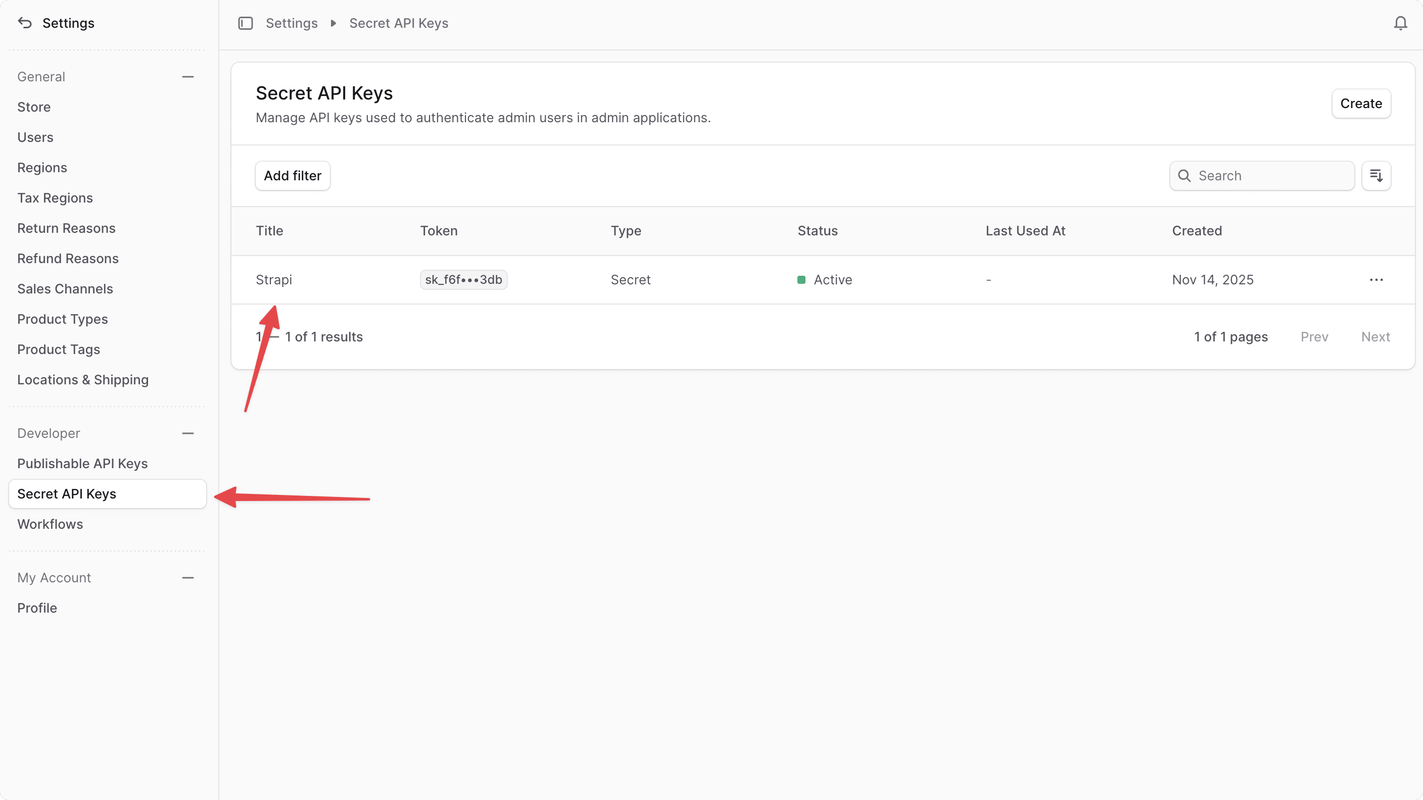 Medusa Admin dashboard with the Secret API Keys page showing the Strapi API key