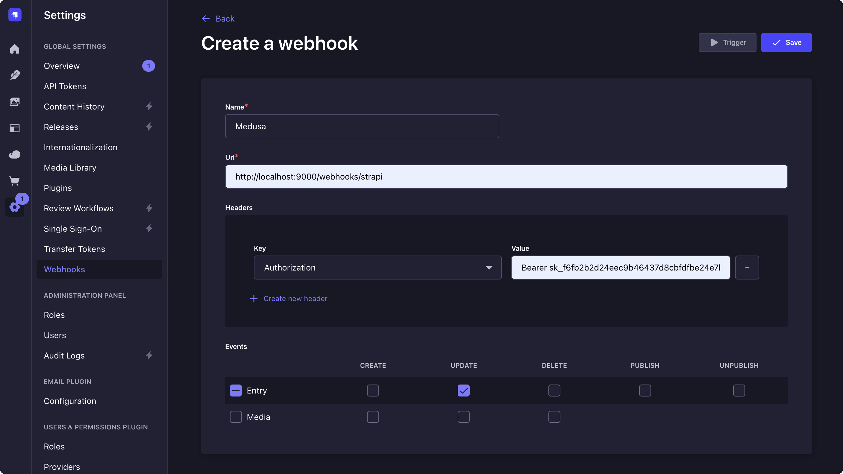 Strapi Webhook Creation form