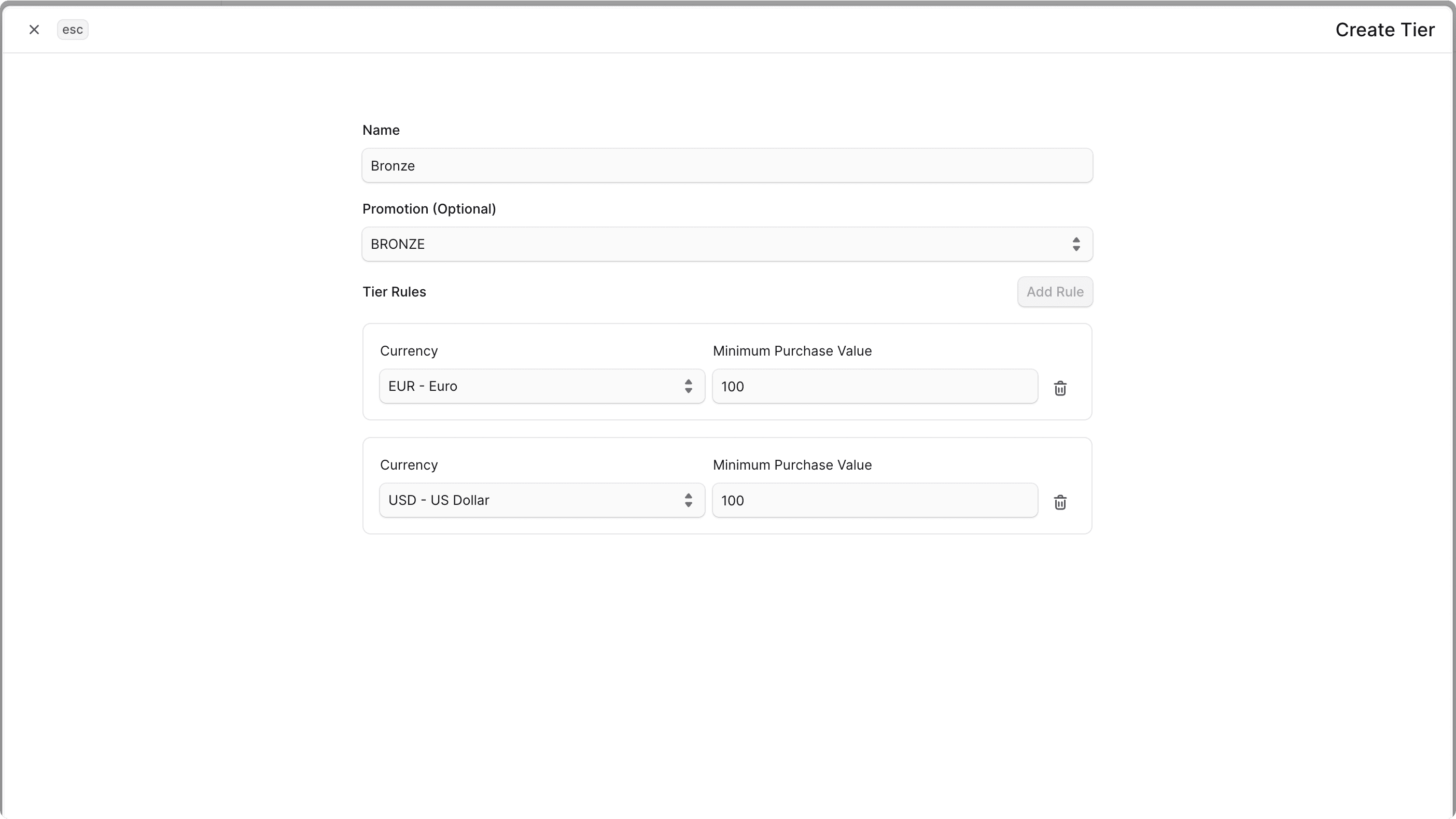 Create tier modal showing form to create a tier