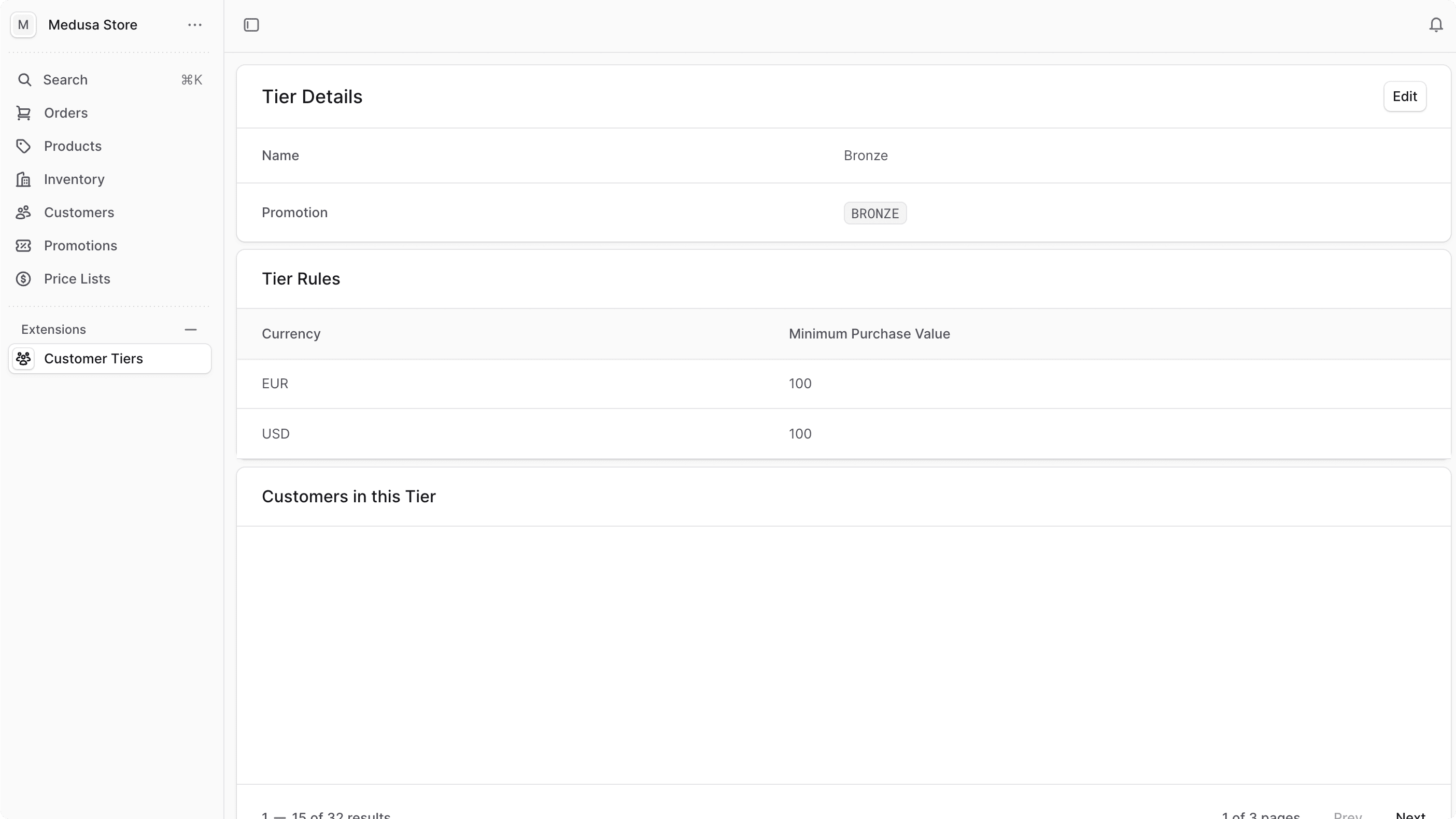 Tier details page showing tier details, rules, and customers