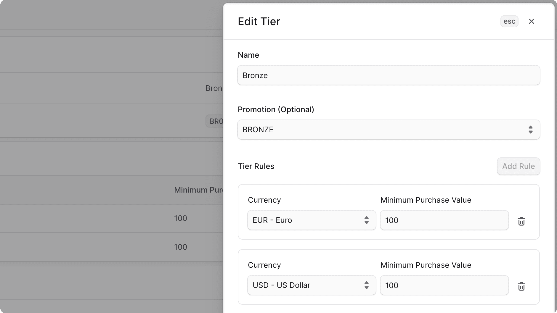 Edit tier drawer showing form to edit tier details