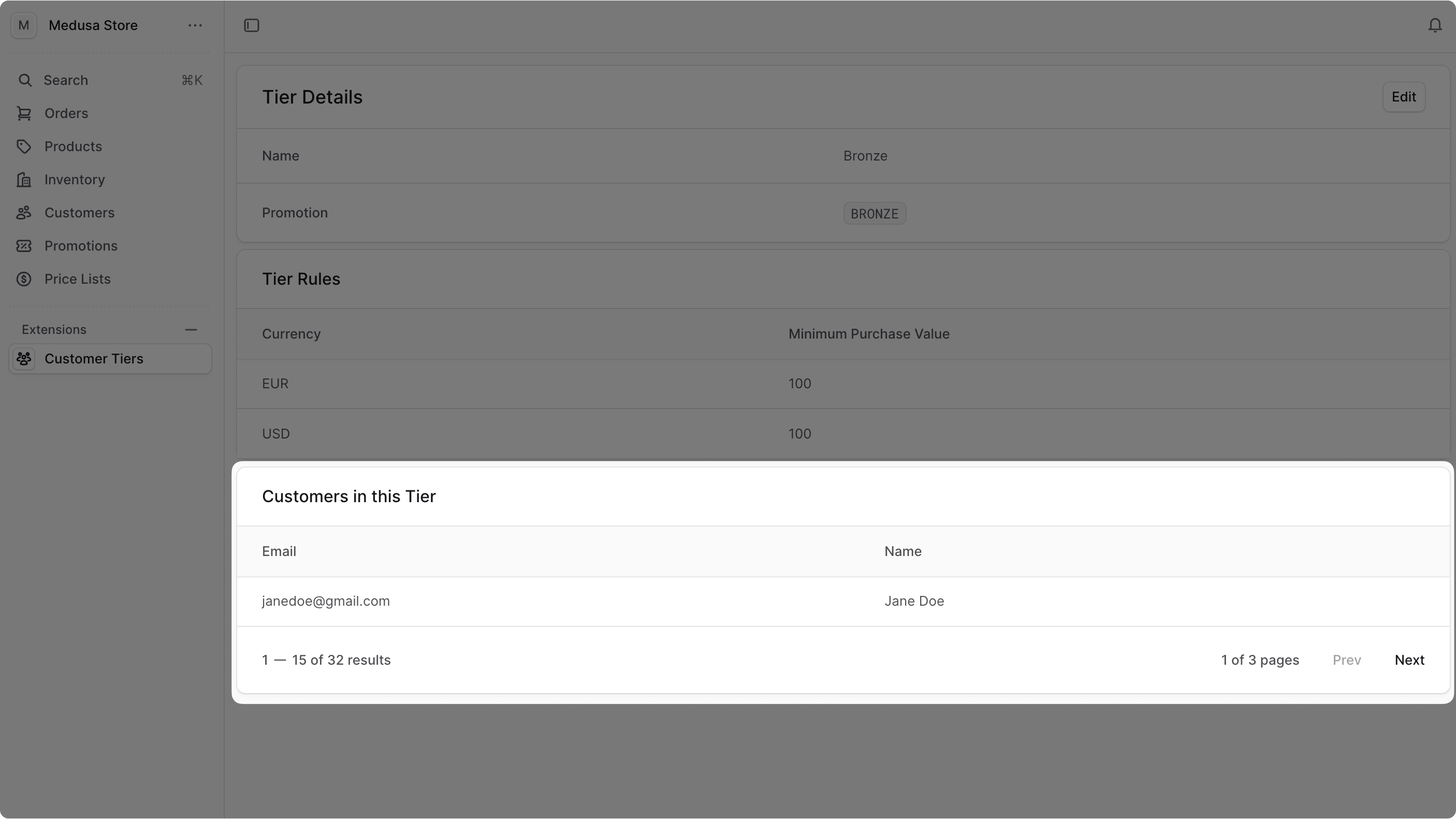 Customer in tier's customers list section