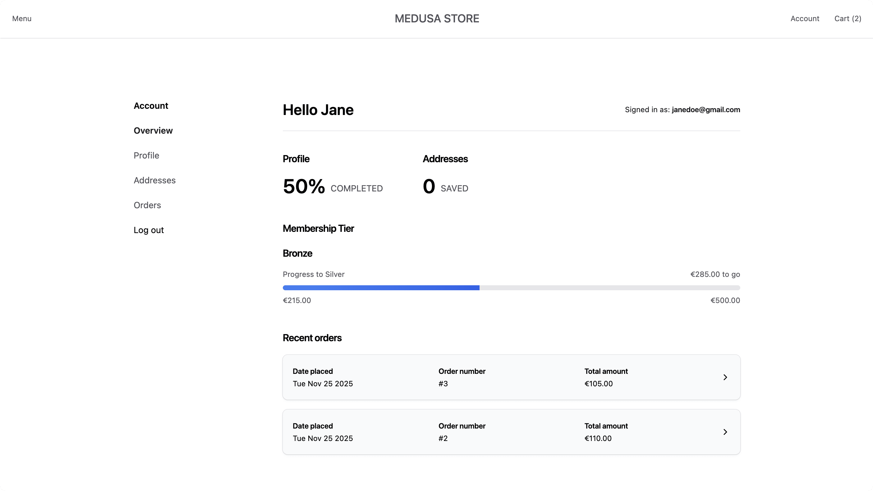 Customer tier component on account page
