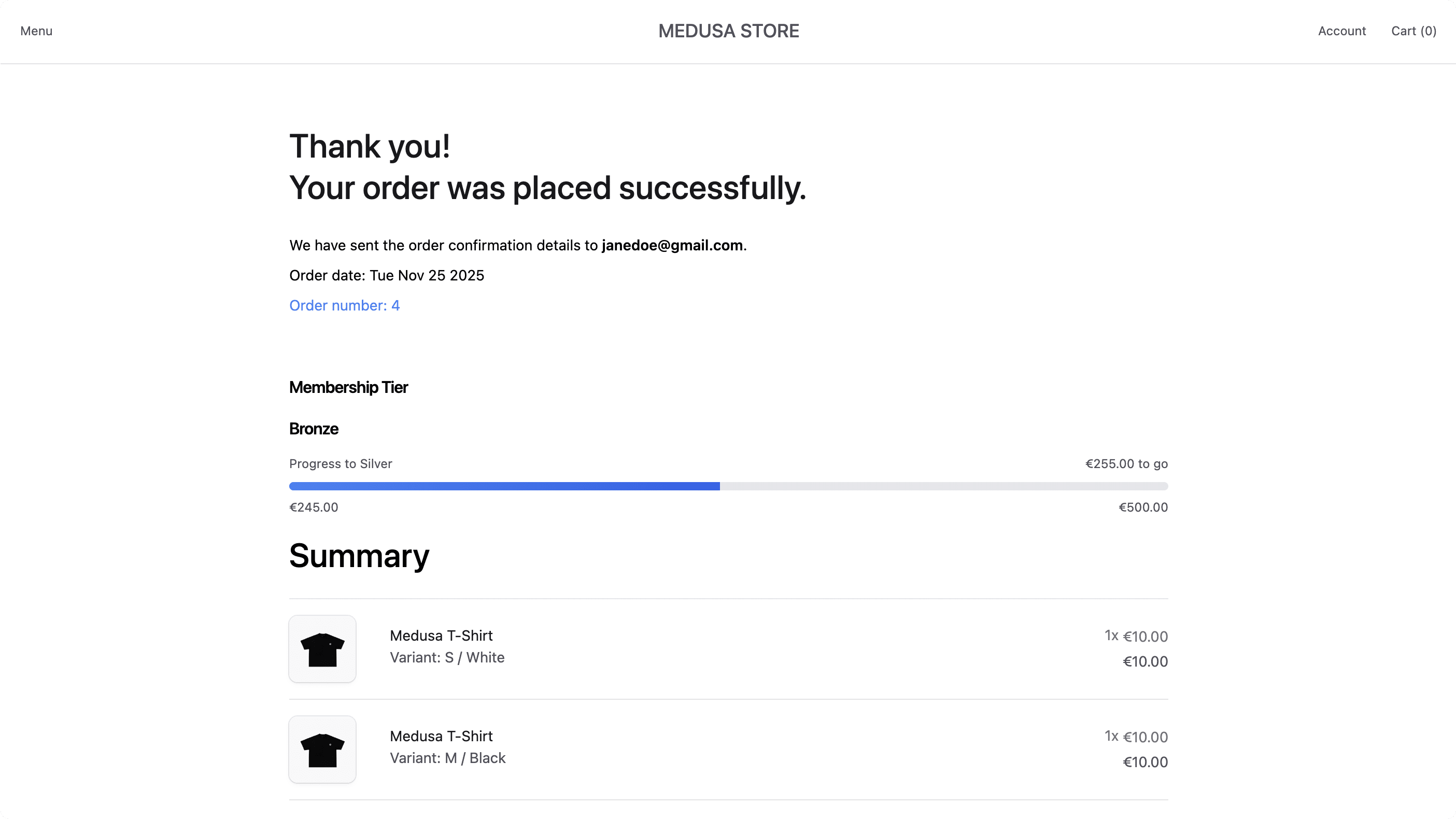 Customer tier component on order confirmation page