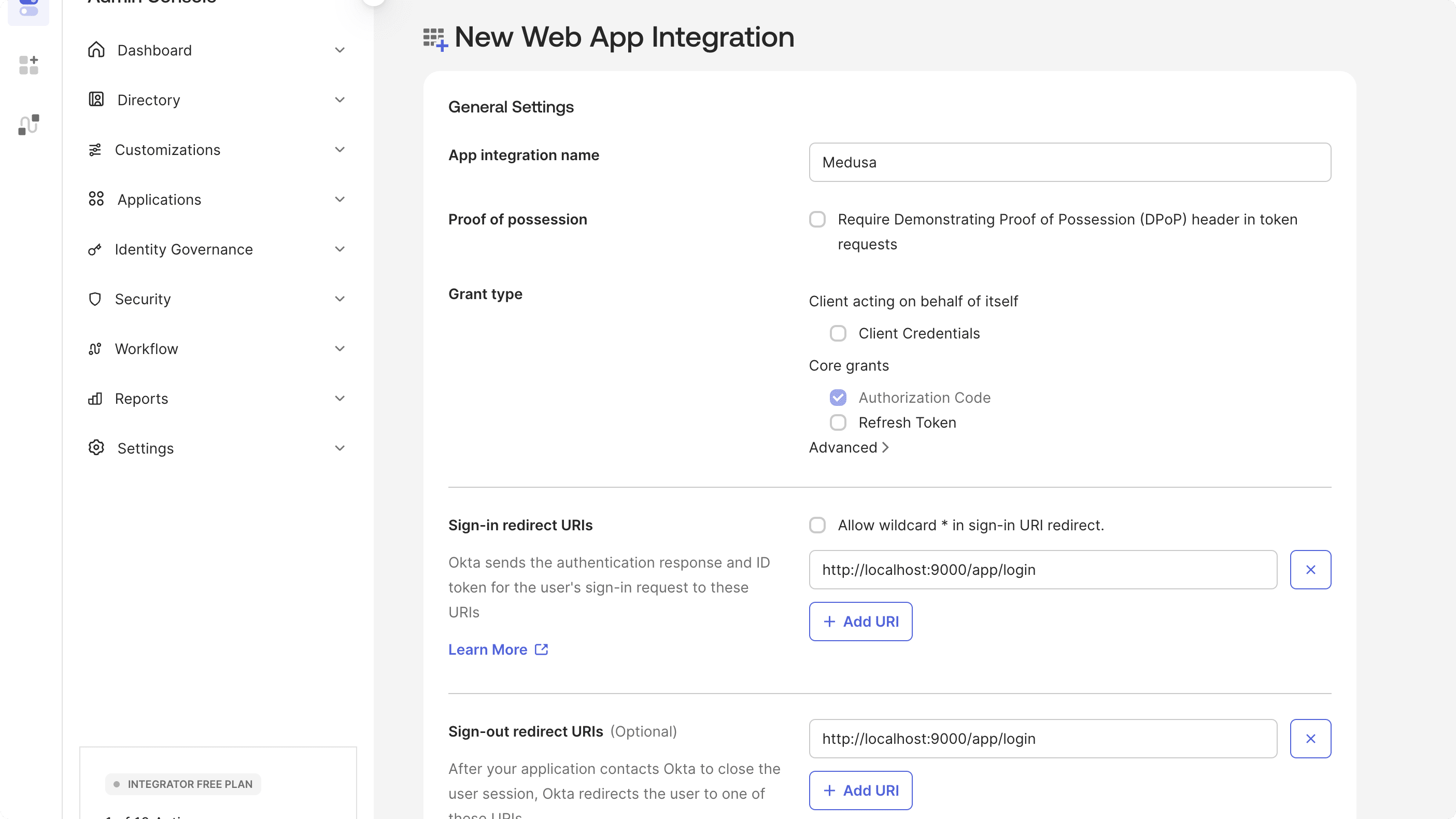 Okta application creation form