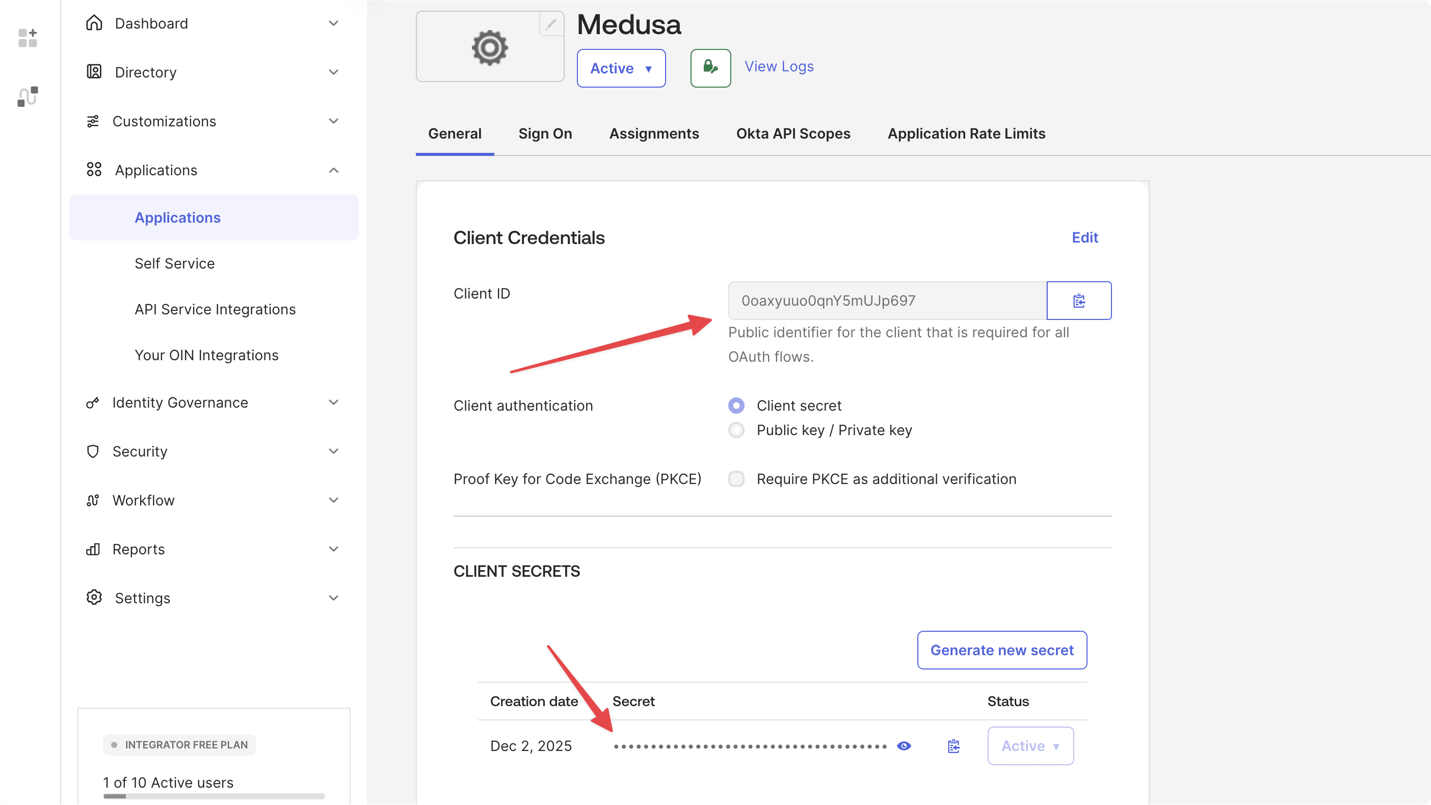 Okta application settings page