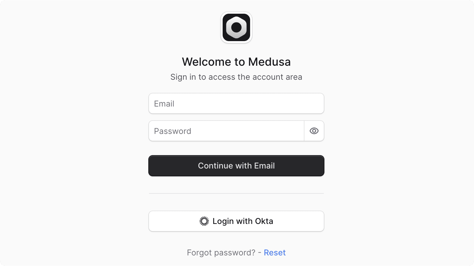 Medusa Admin login page with a "Login with Okta" button