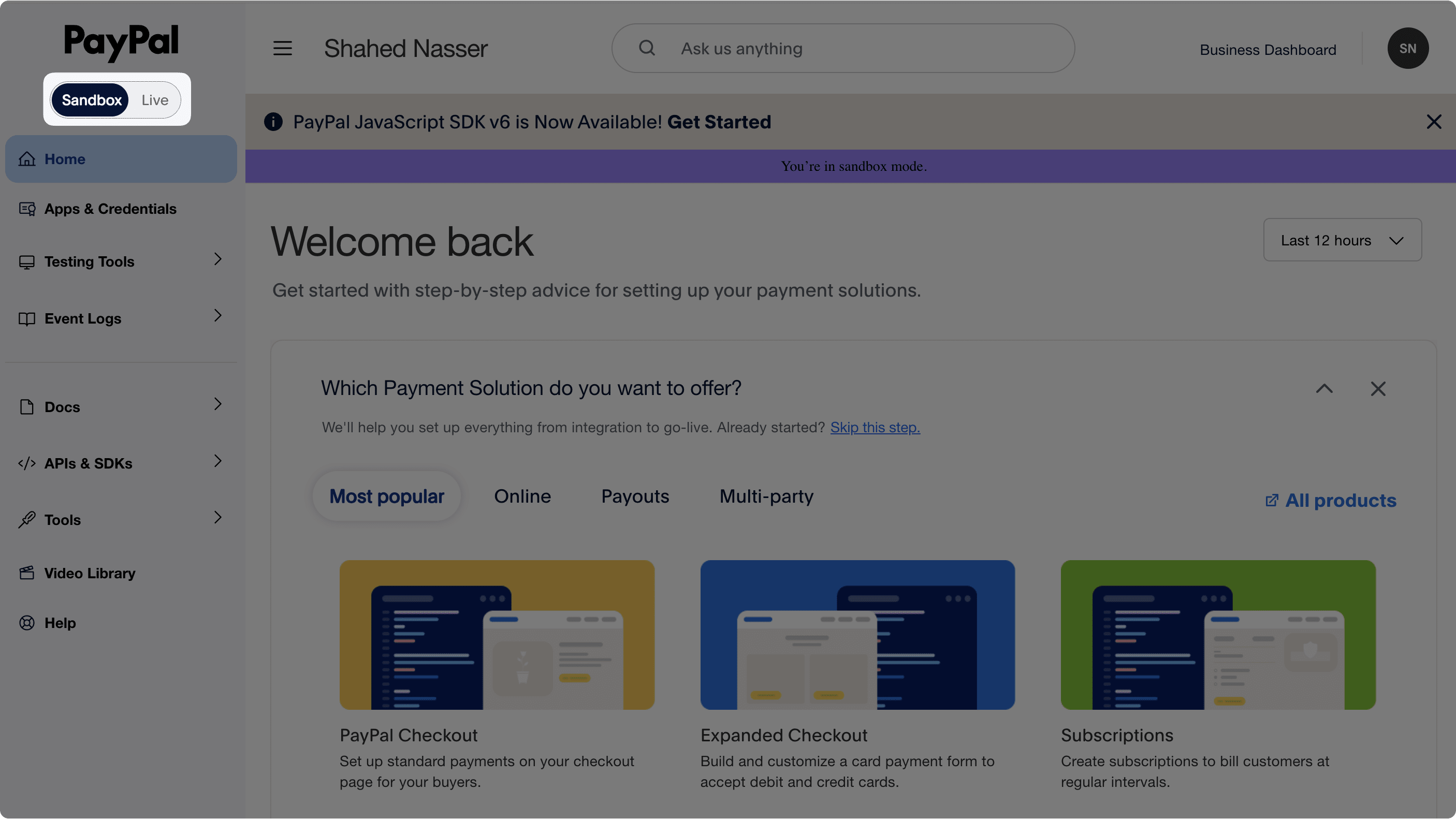 PayPal environment toggle highlighted with Sandbox selected