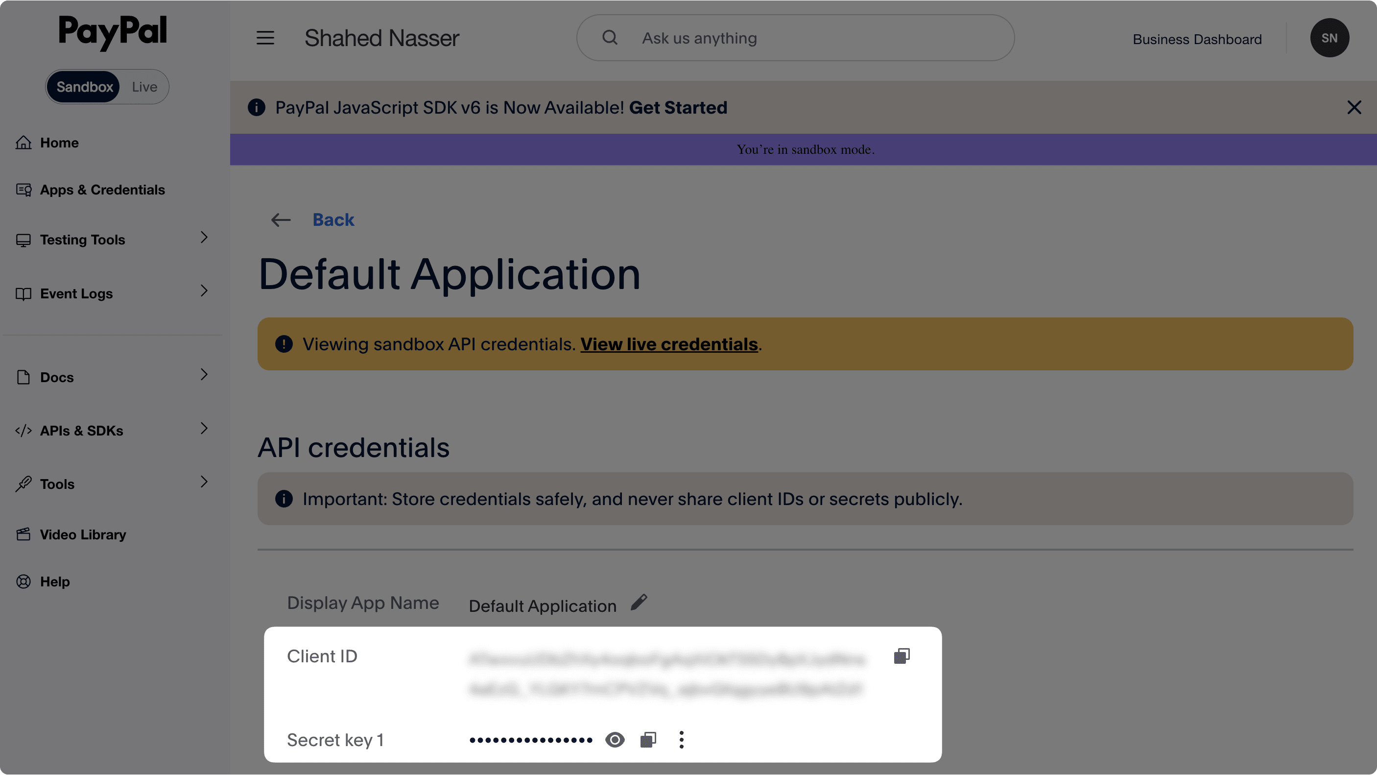 PayPal app details showing Client ID and Secret