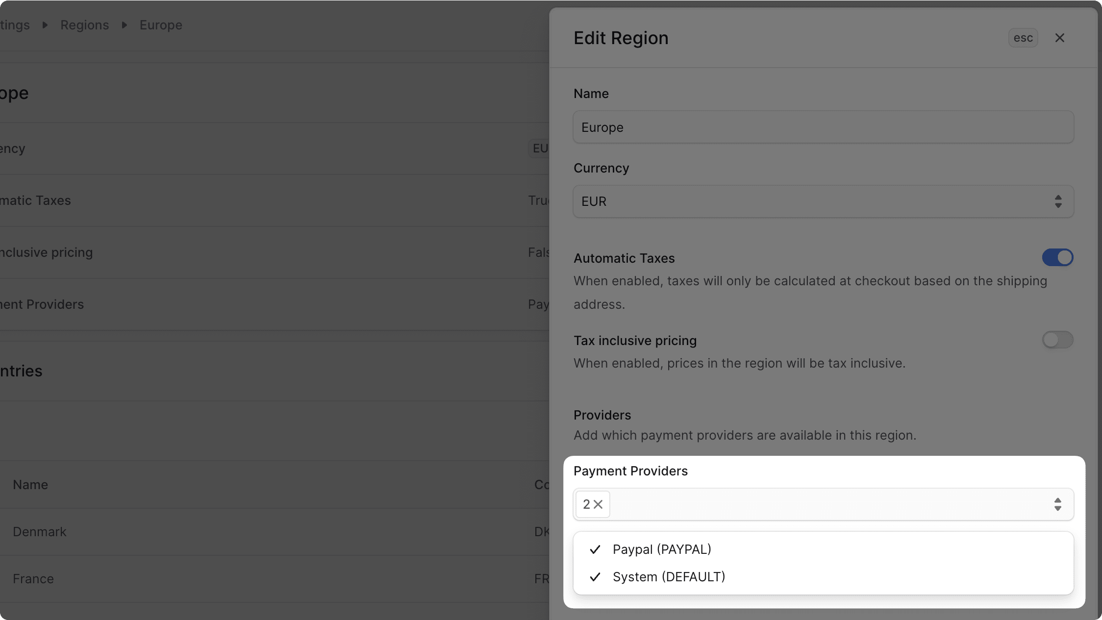 Medusa Admin dashboard showing region edit screen with PayPal selected as payment provider