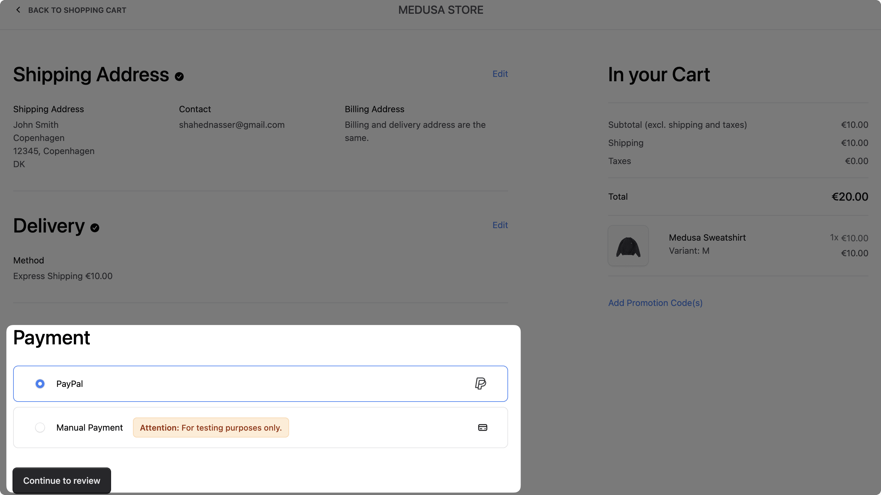 Next.js Starter Storefront checkout page showing PayPal selected as payment method