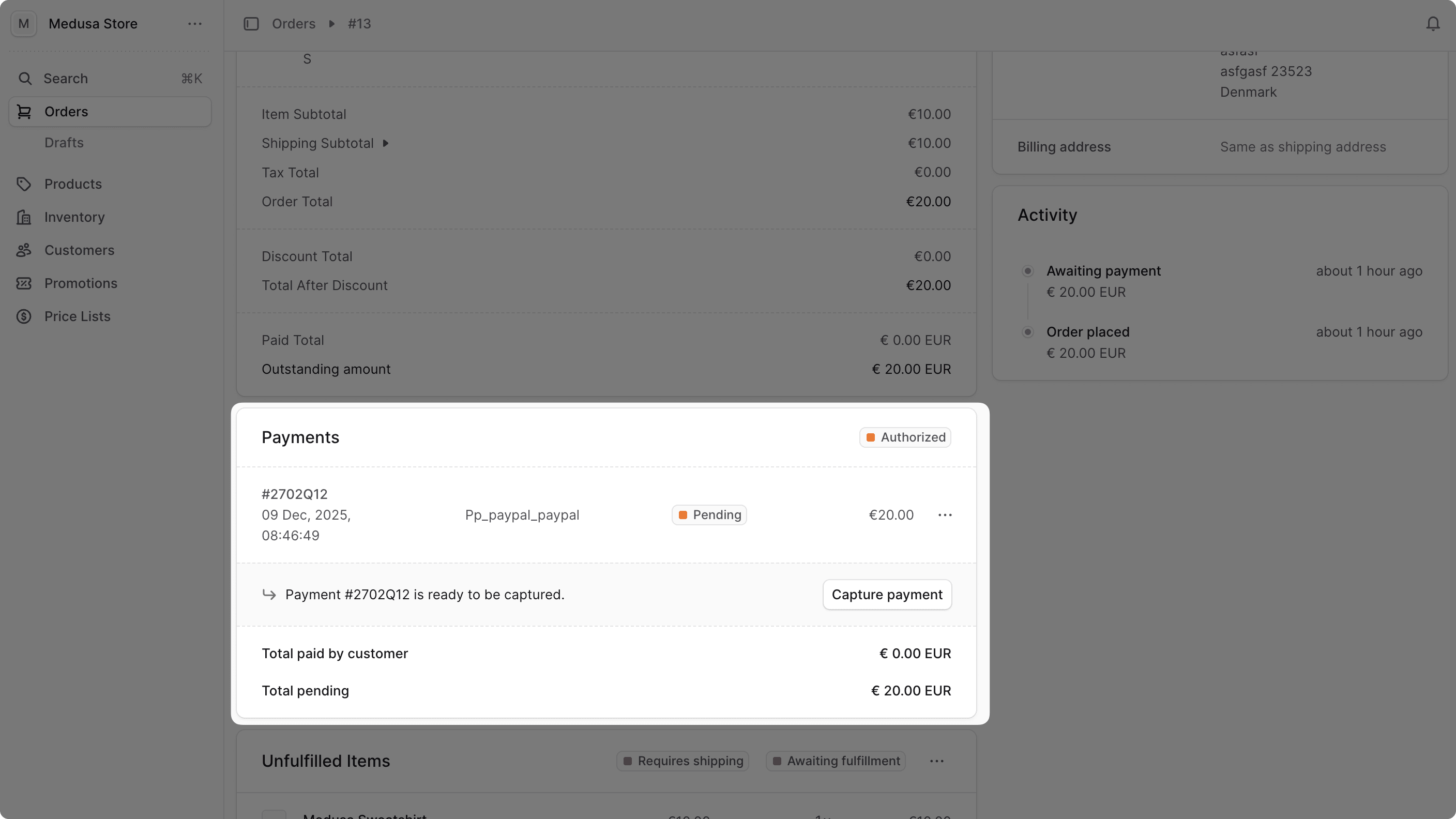 Medusa Admin dashboard showing order payment details with capture and refund options
