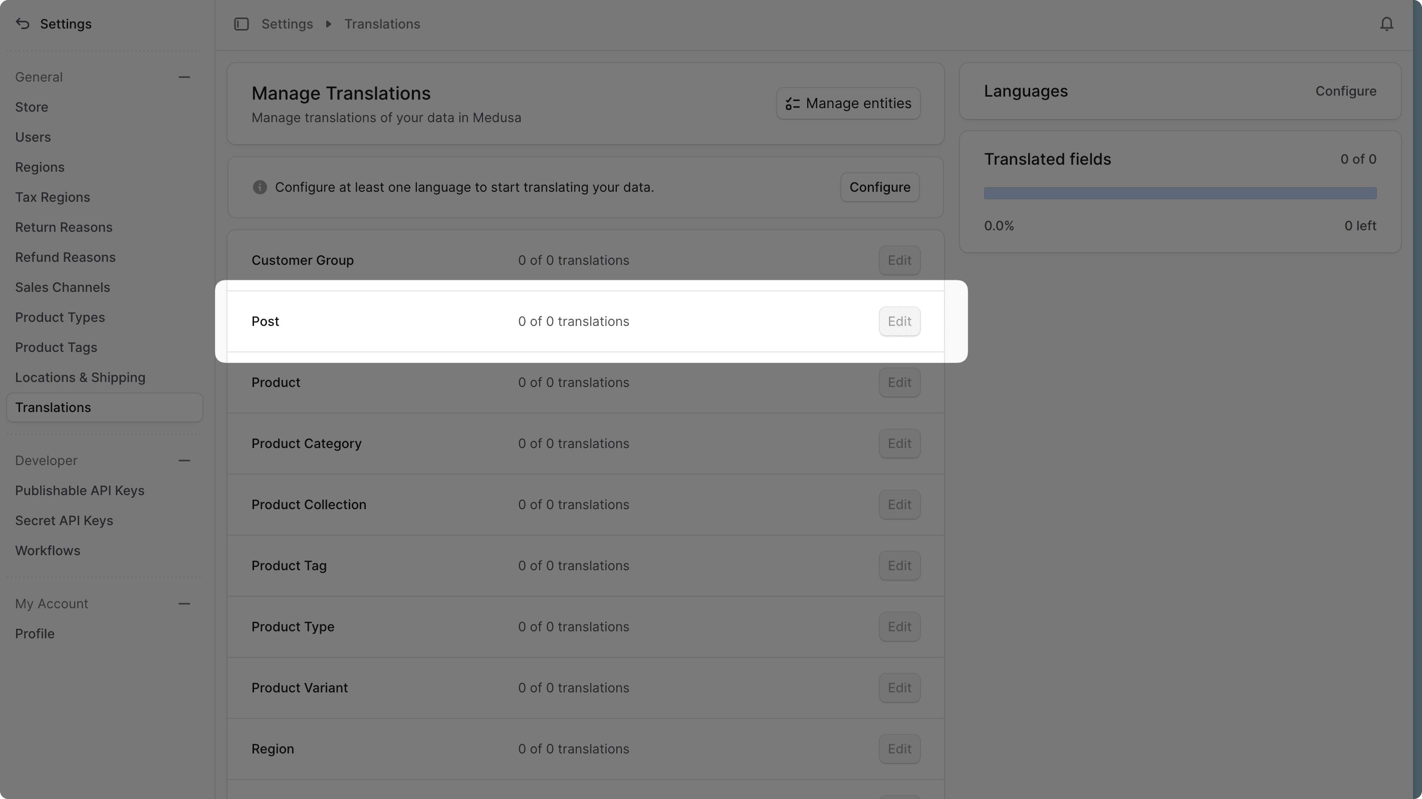 Post data model highlighted in the list of translatable resources in the Medusa Admin