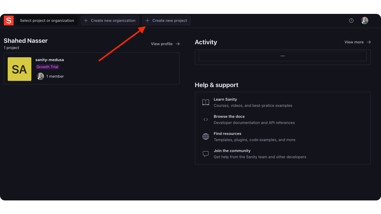 The Create new project button is at the top of the dashboard page.