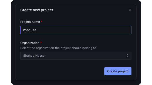 A pop-up form will open where you can choose project name and organization.