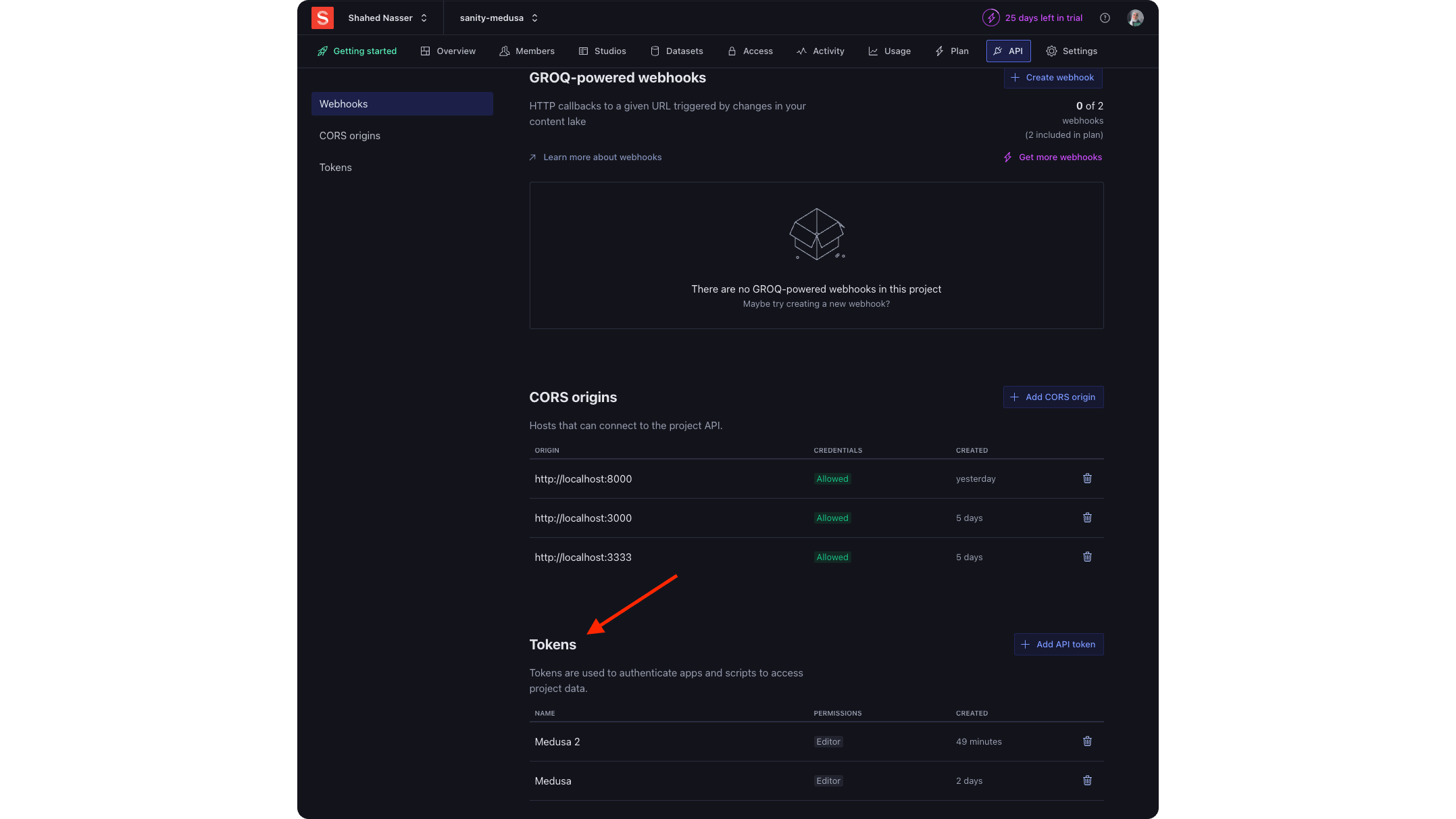 The Add API token button is at the top right of the Tokens section.
