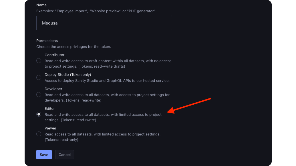 In the Token form, enter the name and choose "Editor" for permisions.