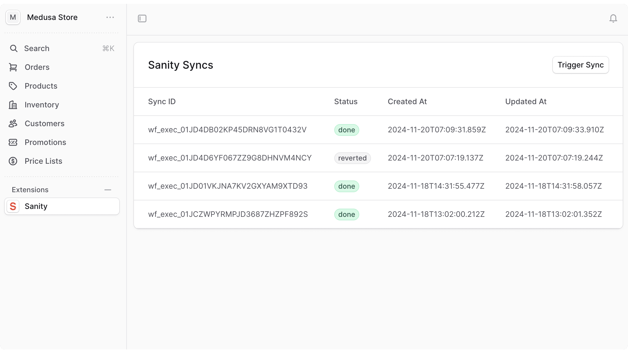 A screenshot of the page to track and trigger syncs.