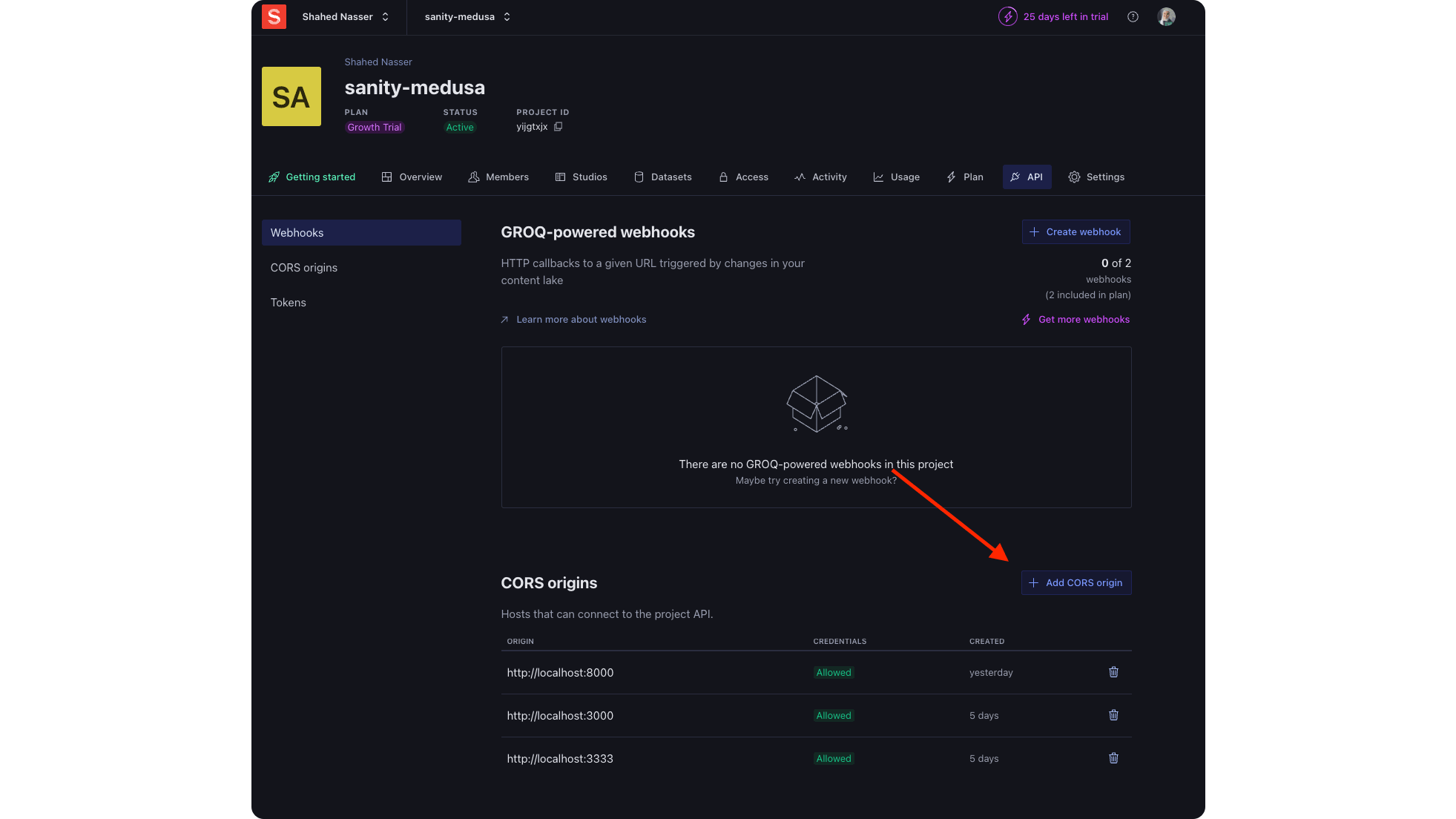 Find the CORS origins section and click the Add CORS origin button at its top right.