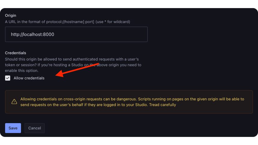 After filling out the Origin field, click on the Allow credentials checkbox to enable it.