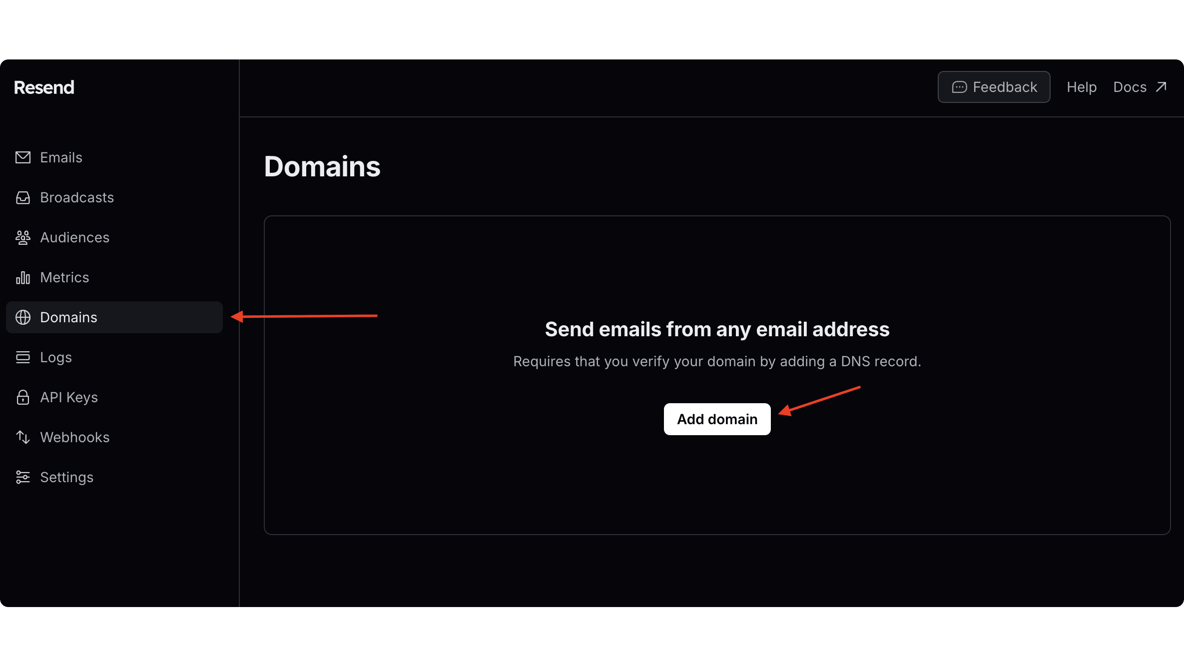 Resend dashboard interface showing the Domains section in the left sidebar navigation and the prominent "Add Domain" button in the main content area, which initiates the process of configuring a custom domain for email sending through the Resend service