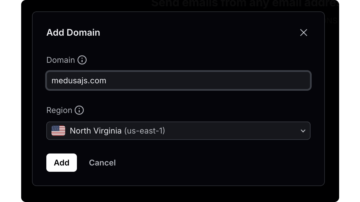 Domain configuration modal in Resend showing form fields for entering the custom domain name and selecting the appropriate geographical region for optimal email delivery performance, with an "Add" button to confirm the domain setup