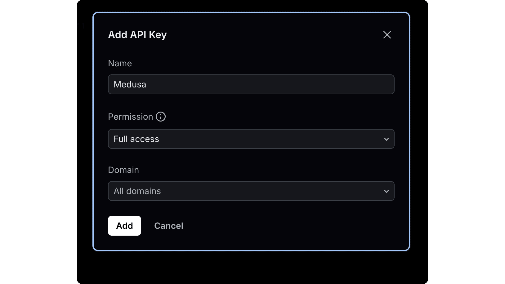 The form to create an API key with fields for the API key's name, permissions, and domain