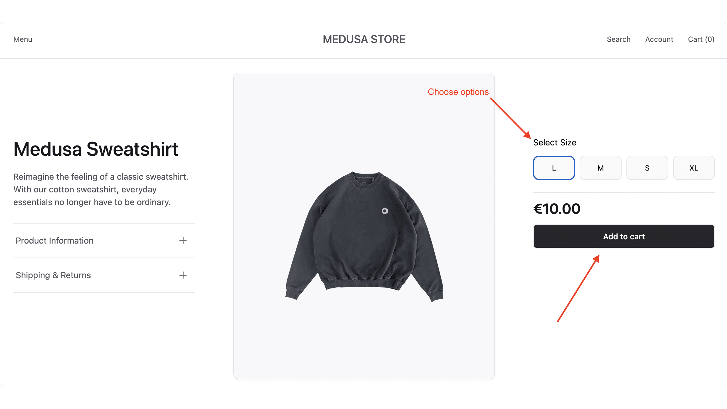 Choose an option, such as size, then click on the Add to cart button