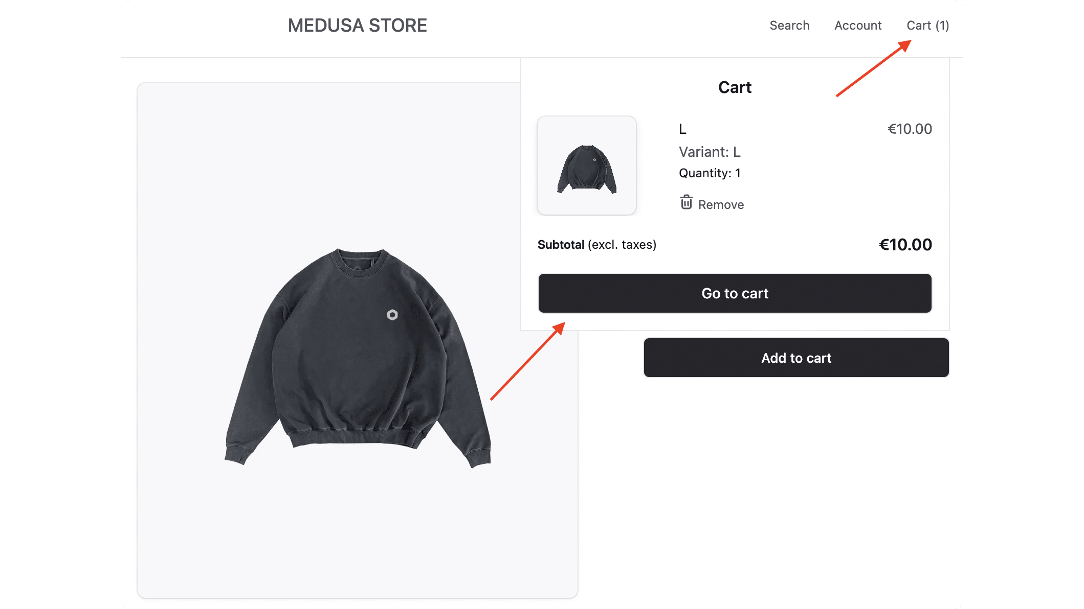 Cart is at the top right. It opens a dropdown with a Go to Cart button
