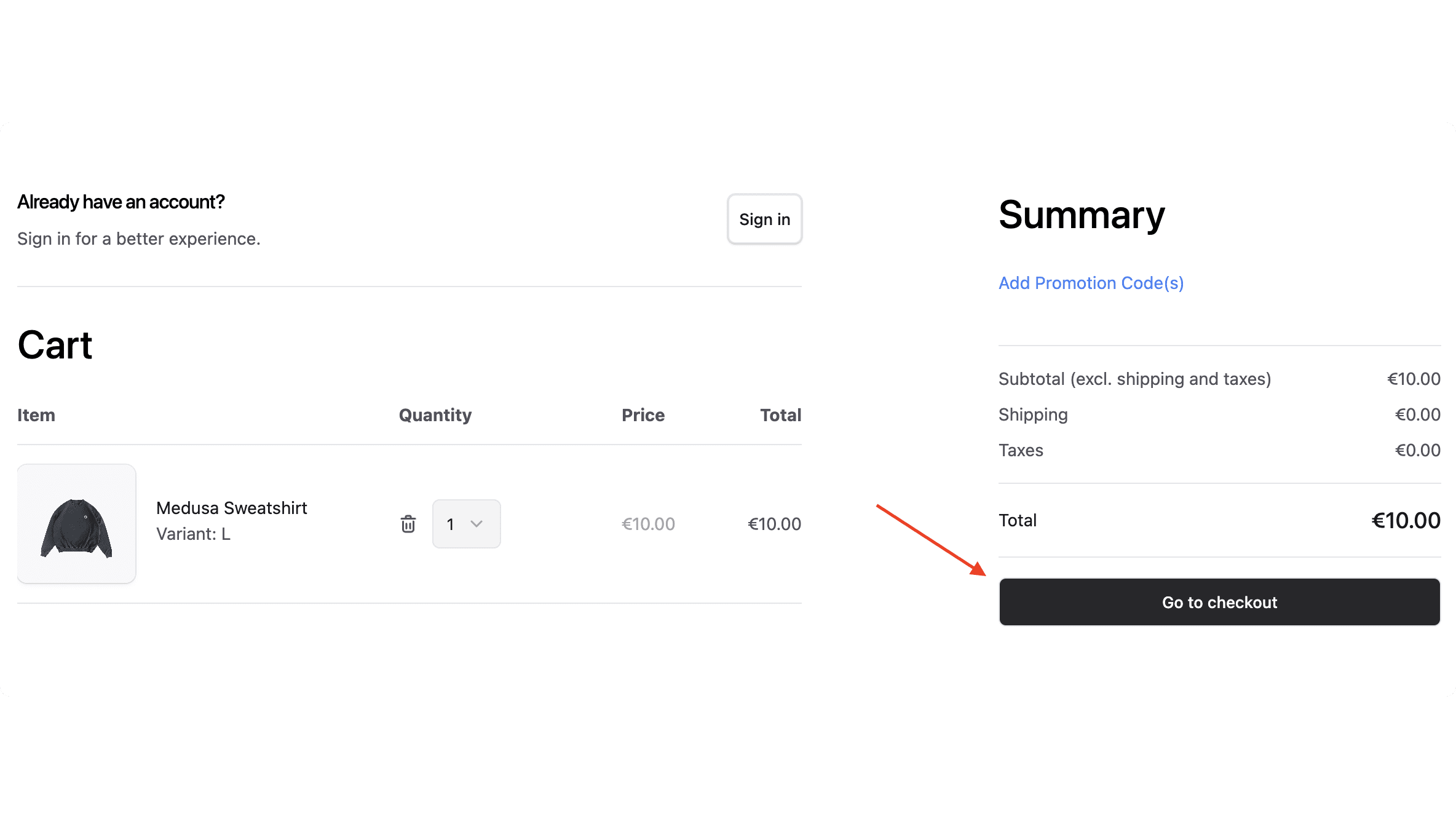 The Go to checkout button is at the right side of the page