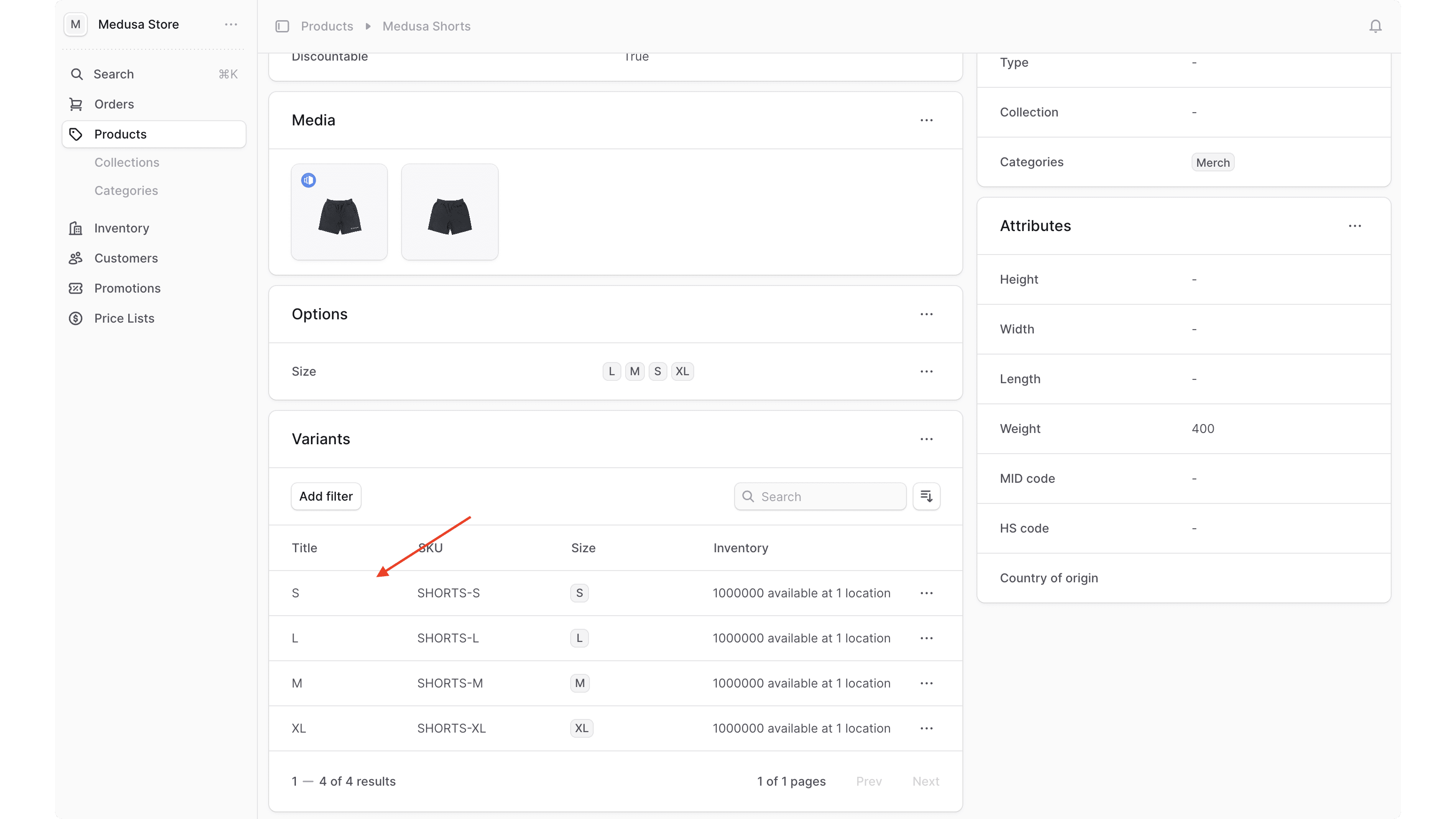 The variants table shows a product's variants. Click on a variant to open its details page.