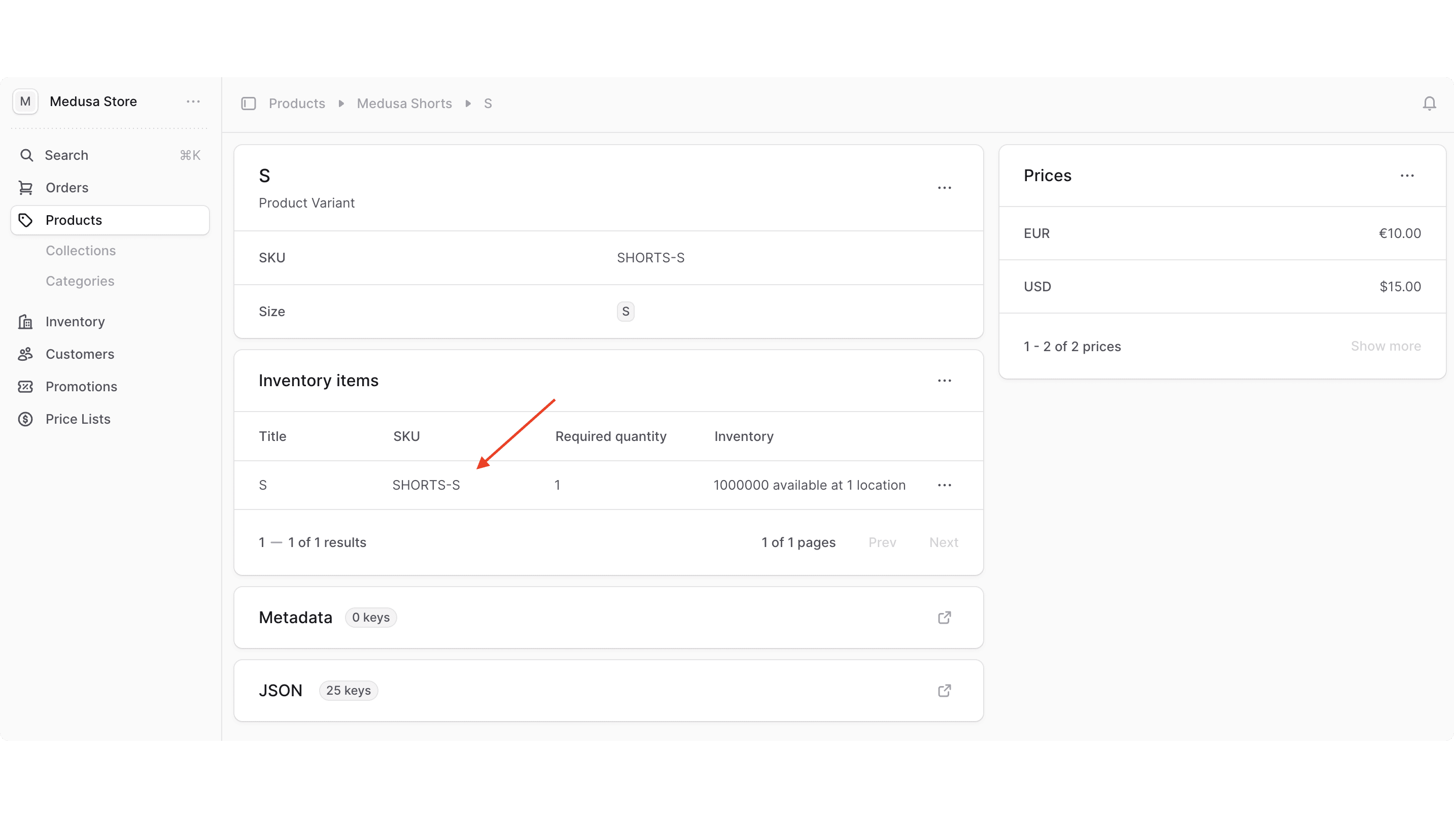 The inventory items table shows the variant's items. Click on an item to open its details page.