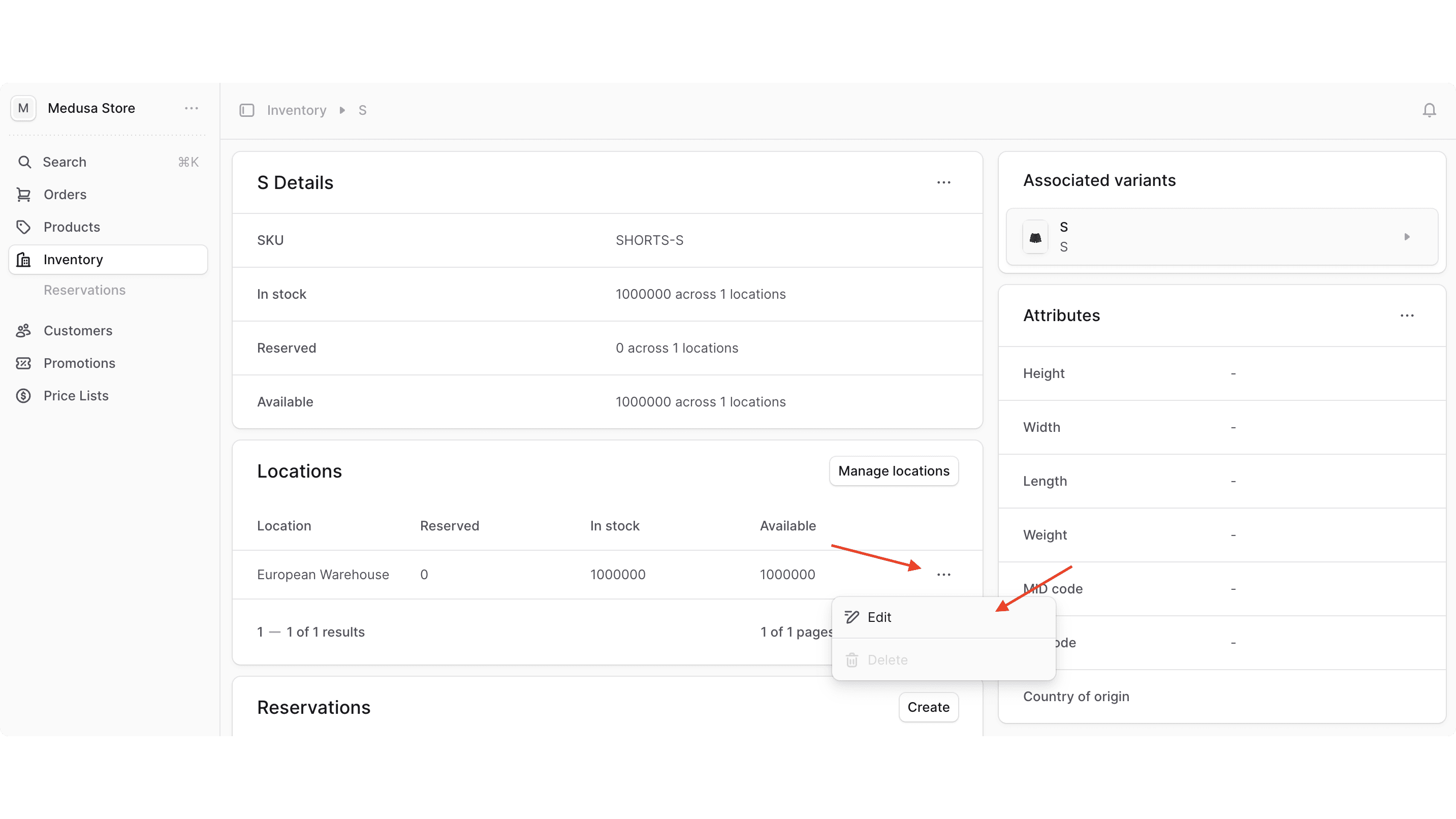 The locations are shown in a table. Click on the three-dots at a location's right side, then choose Edit from the dropdown.
