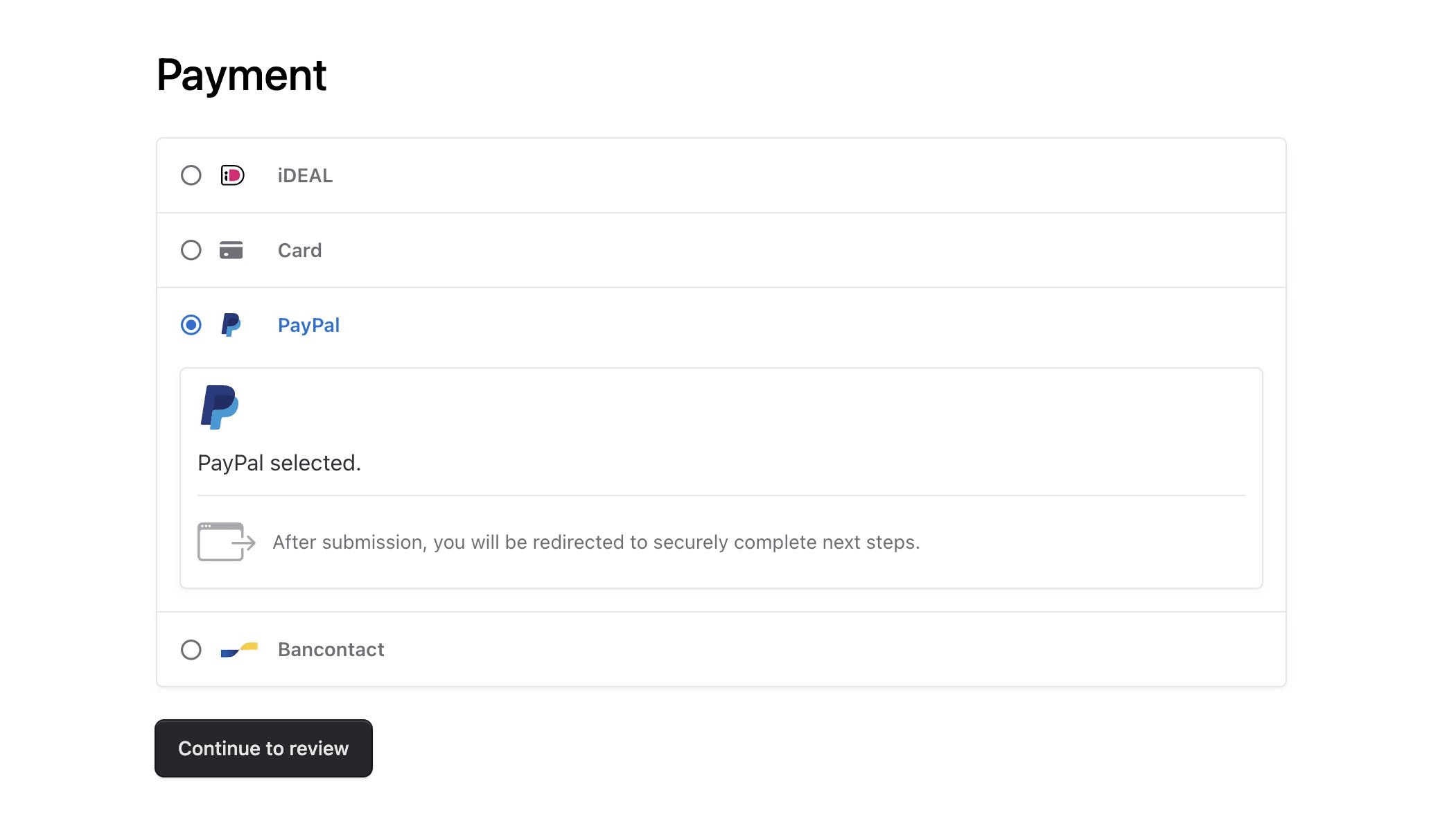 The Stripe Payment Element allows you to pay with different payment methods like PayPal